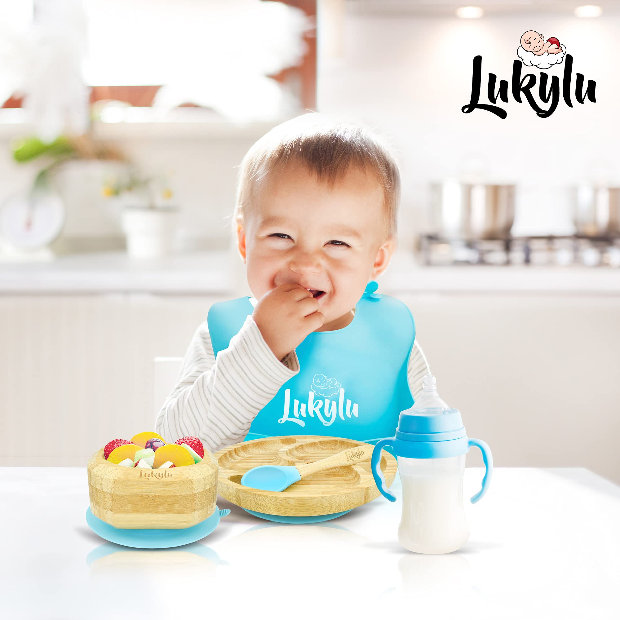 Lukylu 5-Piece Bamboo Baby Suction Plate Set - Non-Slip Toddler Bowls & Dishes for Kids - BPA-Free Training Plates for Babies - Perfect for High Chairs, Travel & Mess-Free Mealtime (Blue)