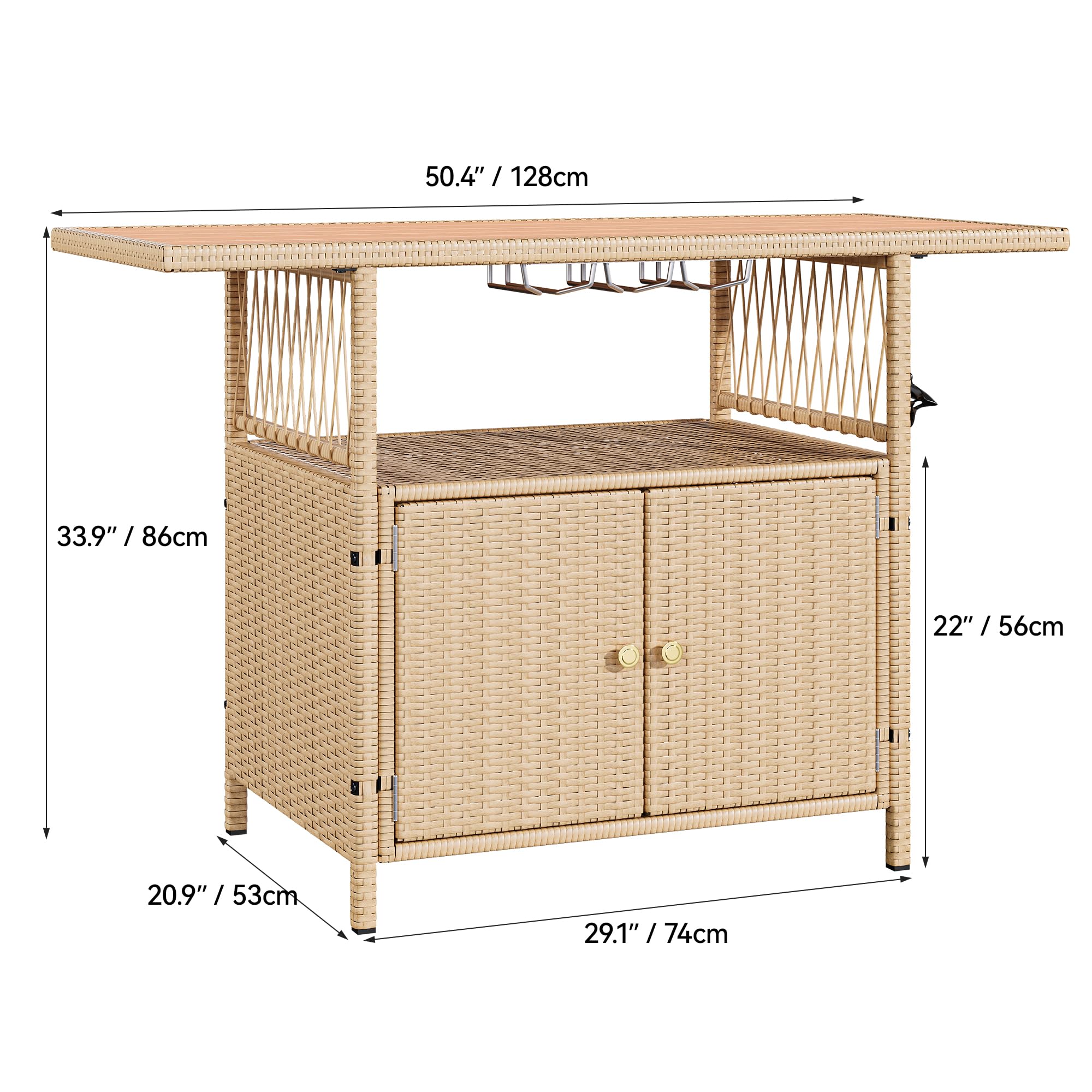 YITAHOME XL Outdoor Storage Cabinet - Weather-Resistant Patio Wicker Bar Table with Plastic Wood Tabletop, Wine Glass Holders & Built-in Bottle Opener, Light Brown - Perfect for Backyard, Deck, Poolside & Outdoor Entertaining