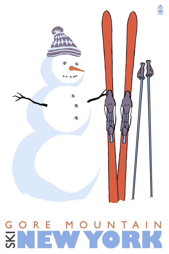 Gore Mountain New York Snowman with Skis 47744 - Signed 24x36 Art Print Poster, Winter Ski Resort Wall Decor for Home & Office