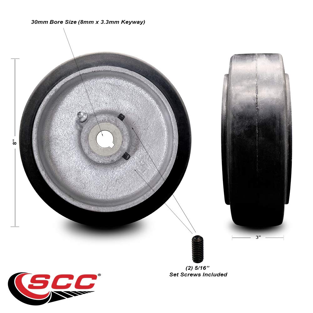 8x3 Inch Rubber Tread Cast Iron Keyed Drive Wheel - 30mm Plain Bore with Two 5/16