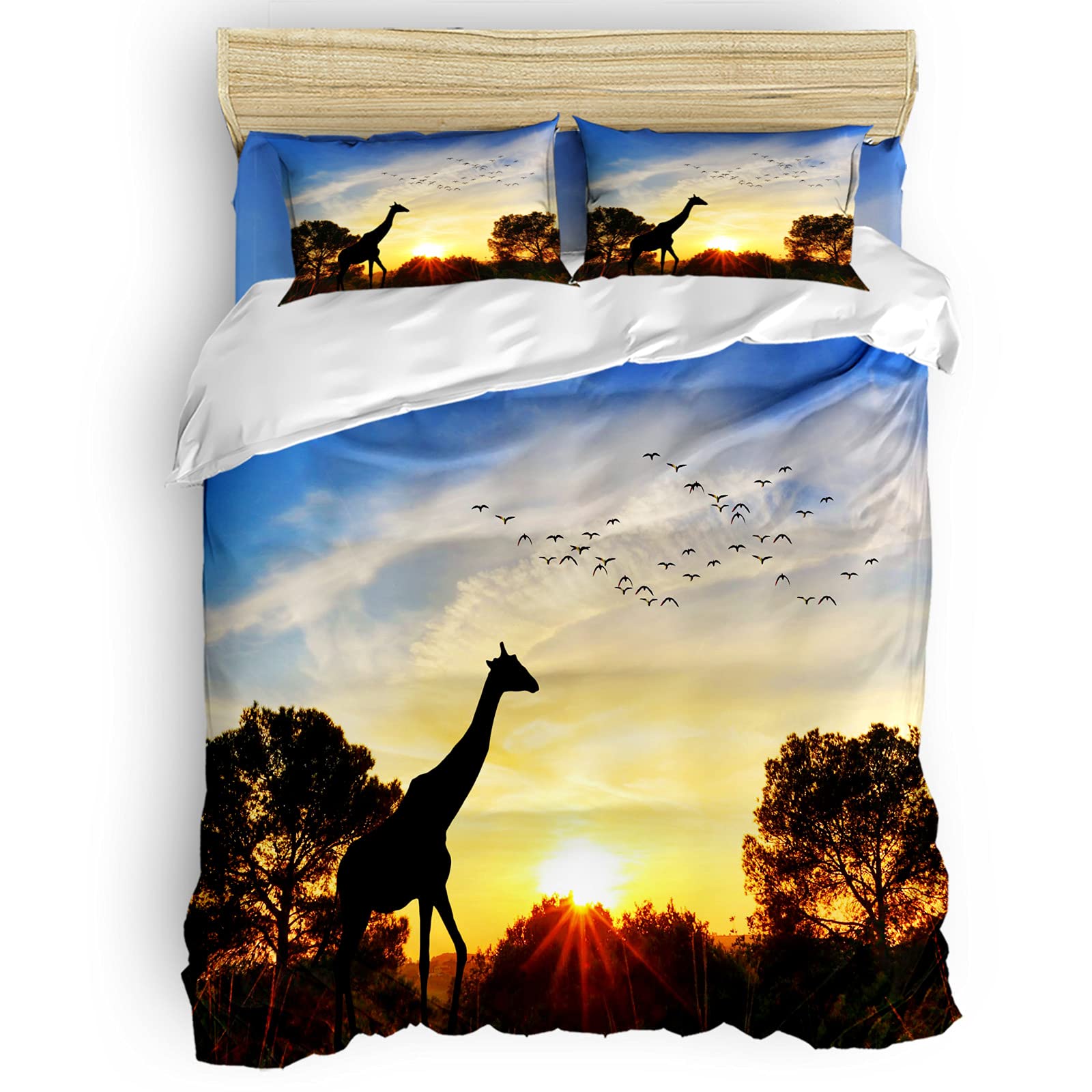 Queen Size Duvet Cover Set - Sunset Forest Giraffe & Flying Birds Design with Golden Sun, Blue Sky Clouds | 4-Piece Bedding Set Includes 2 Pillowcases & 1 Flat Sheet | Breathable Comforter Cover for Boys & Girls | Perfect for Kids' Bedrooms, Guest Rooms & Cozy Home Decor