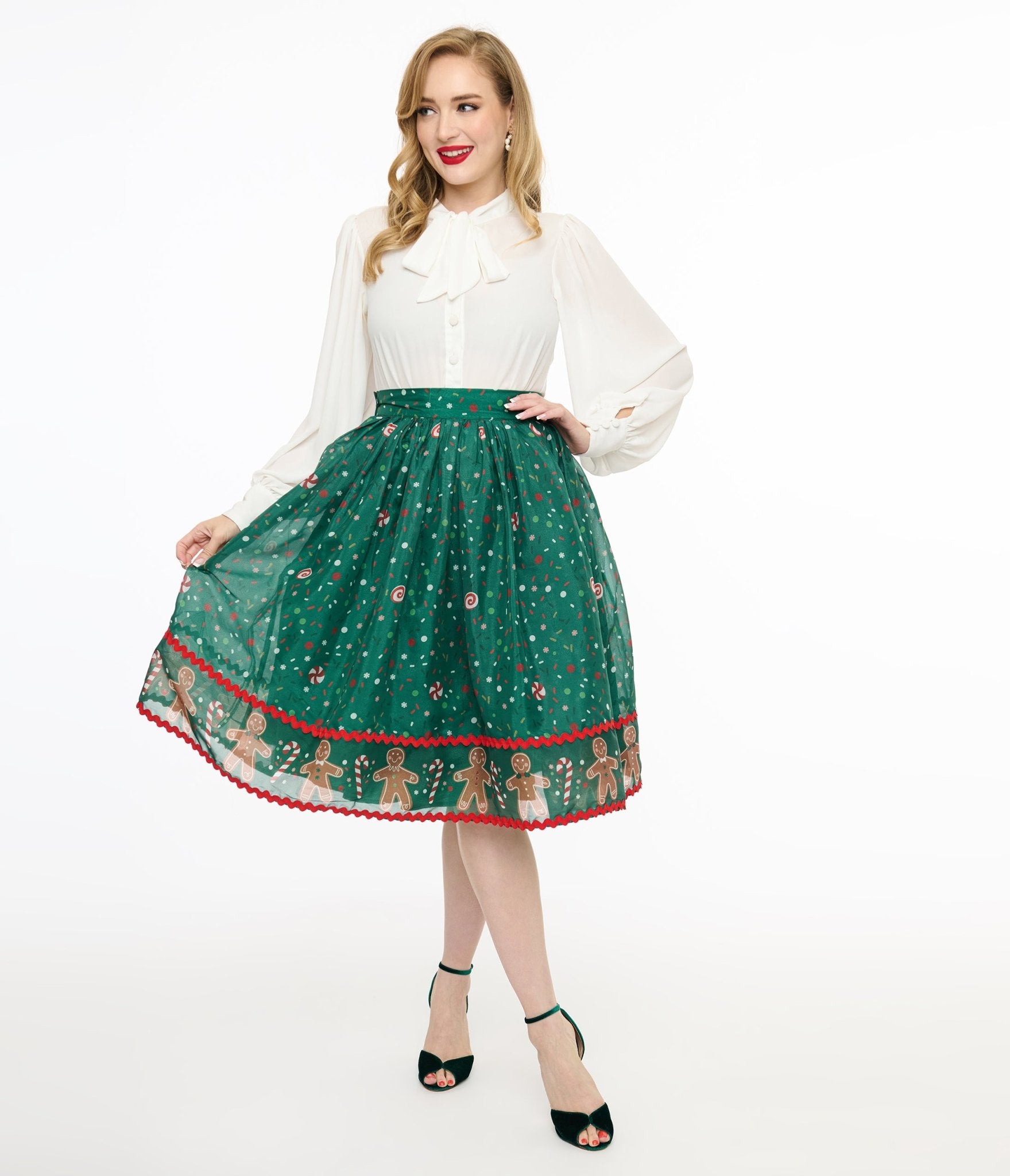 Vintage 1950s Green Gingerbread Border Swing Skirt - Retro A-Line Skirt with Unique Pattern | Perfect for Vintage Fashion, Holiday Parties & Pinup Style Outfits