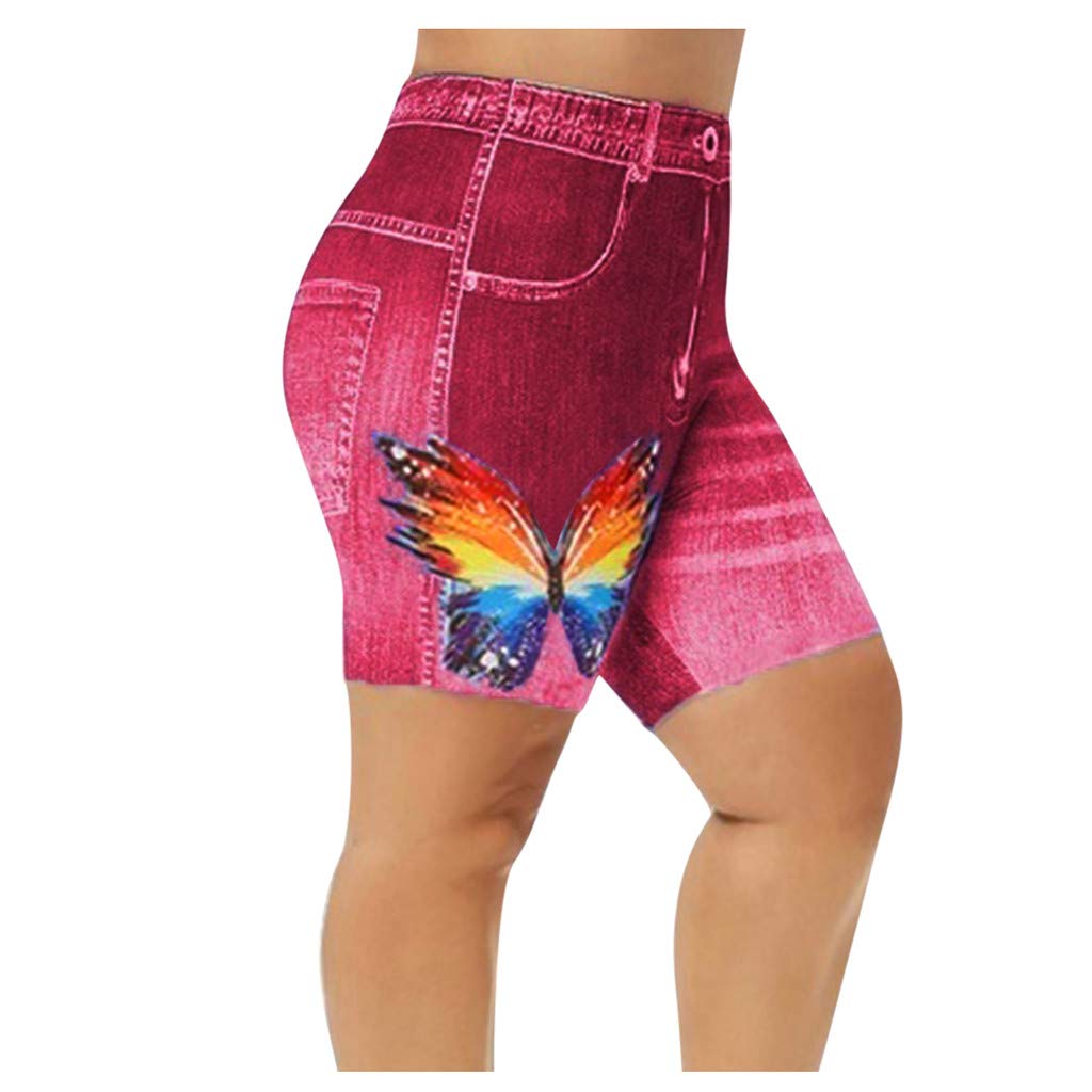 Plus Size Women's Skinny Butterfly Print Faux Denim Jeggings Shorts - High Waisted Stretchy Casual Jean Shorts in Red | Perfect for Summer Outfits, Beach Vacations & Casual Wear