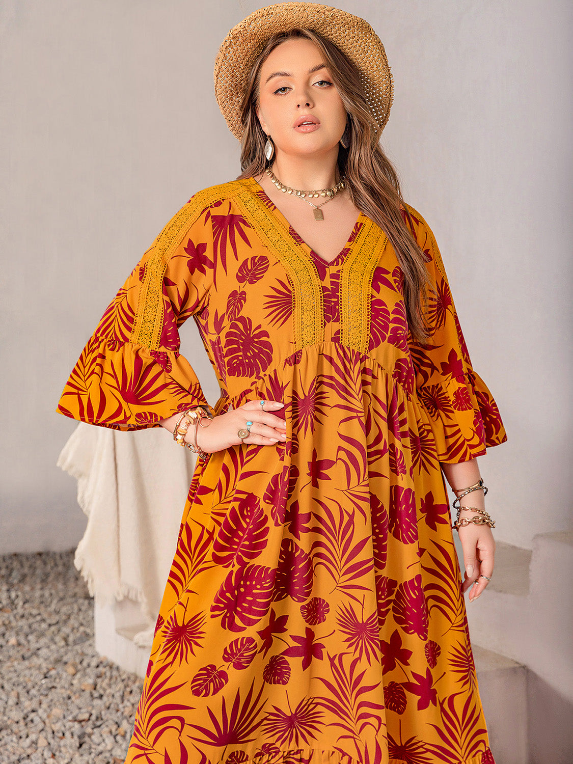 Plus Size Lace Detail Vacation Maxi Dress - Flowy Summer Beach Dress for Women, Boho Chic Wedding Guest Outfit, Tropical Holiday Party Dress