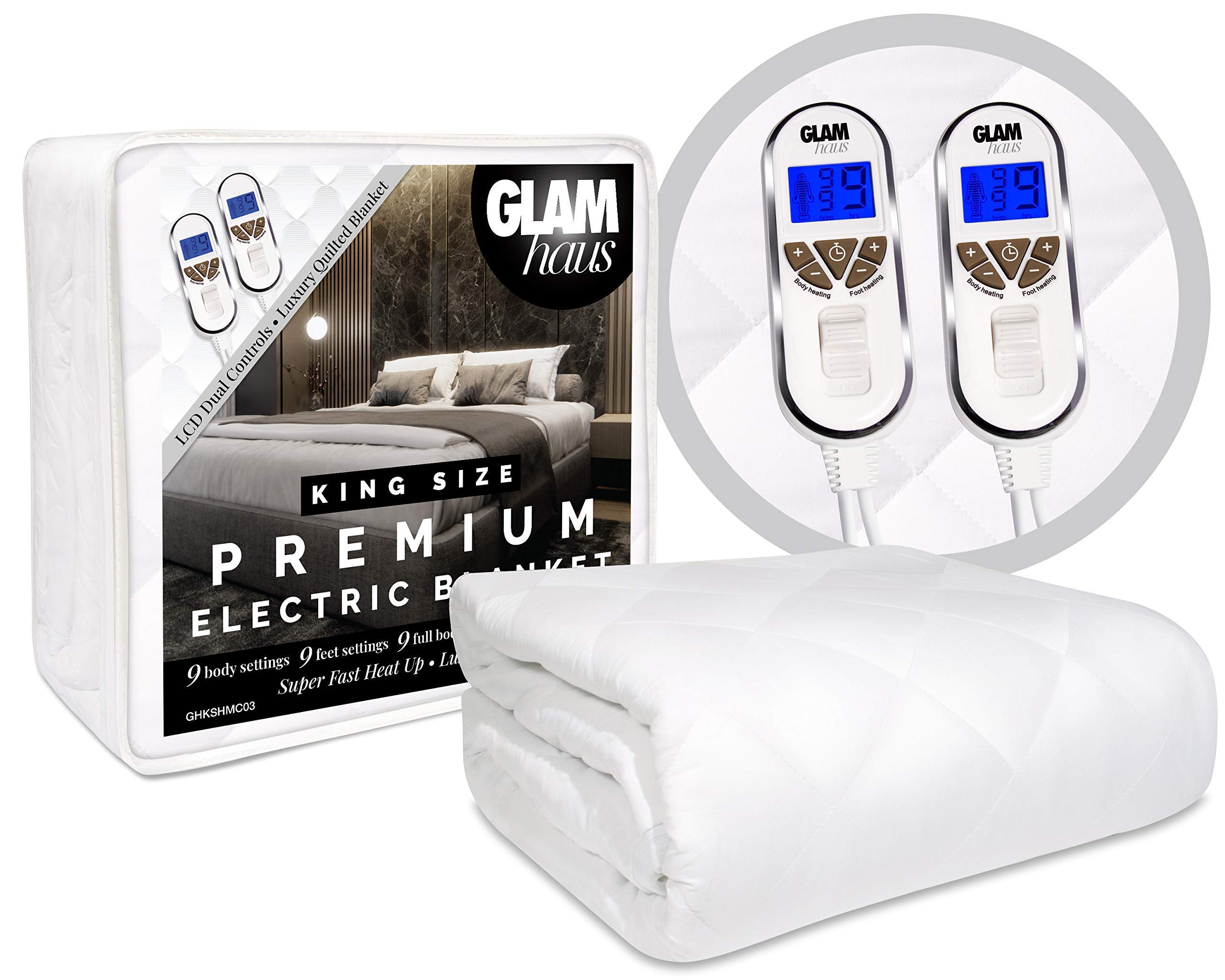 GlamHaus King Size Electric Blanket with Dual Control - Premium White Diamond Quilted Heated Mattress Pad with Elastic Skirt - 10 Heat & Timer Settings - Machine Washable - Perfect for Winter Warmth & Cozy Nights