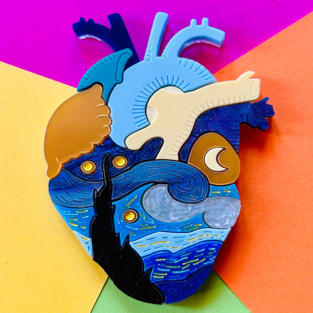 Vincent Van Gogh Starry Night Acrylic Brooch - Anatomical Hearts Collection by Makokot Design - Unique Art Jewelry for Art Lovers, Gift for Artists & Van Gogh Fans