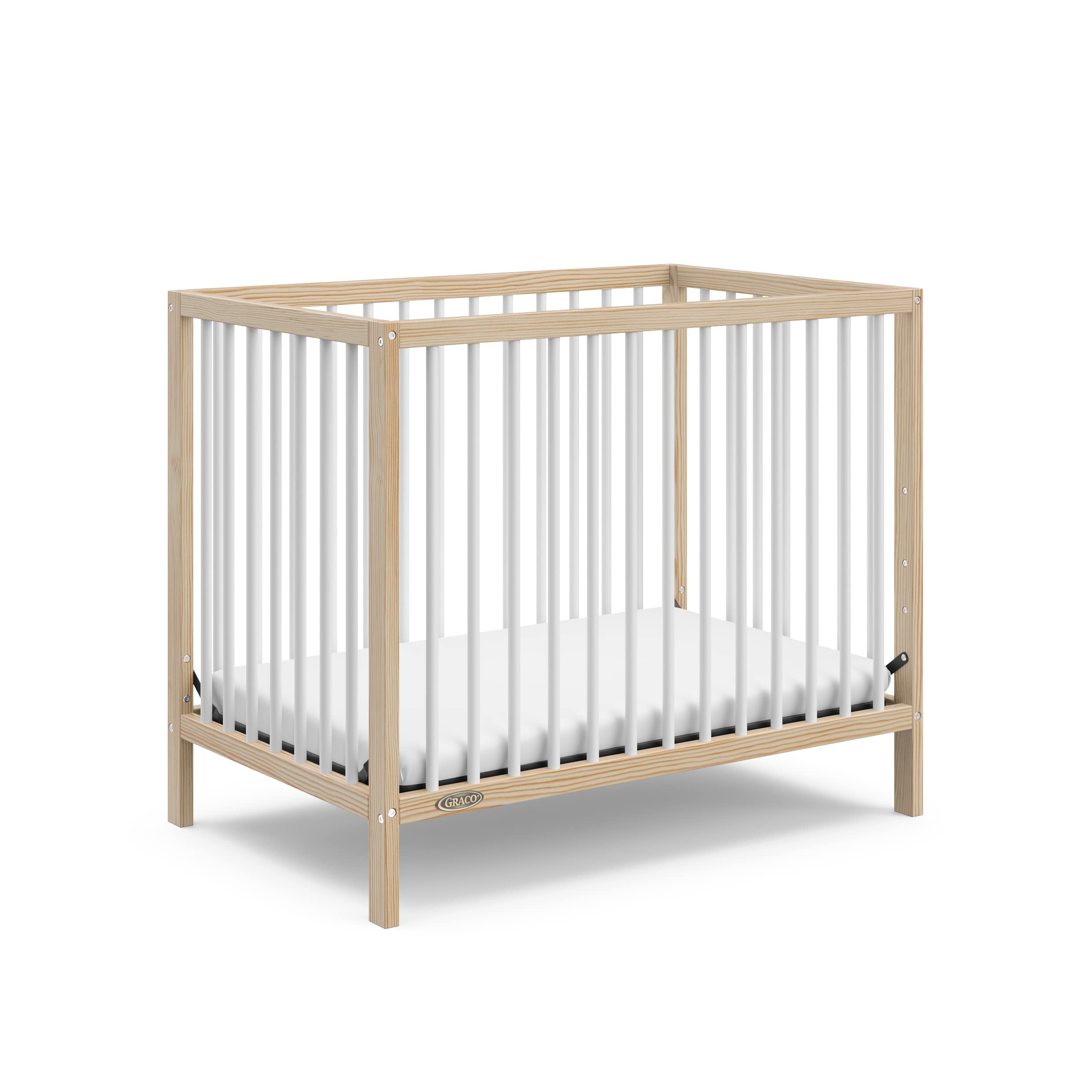 Graco Teddi 4-in-1 Convertible Mini Crib with Water-Resistant Mattress – GREENGUARD Gold Certified, Natural & White Finish, 2.75-Inch Mattress Included, Space-Saving Design, Easy 30-Minute Assembly – Perfect for Small Nurseries, Apartments & Travel