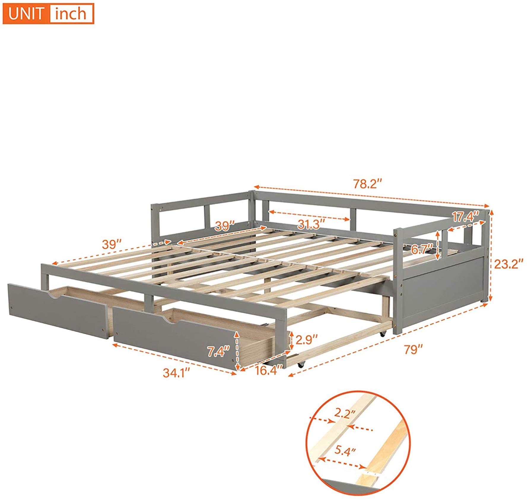 MERITLINE Extendable Daybed Frame with 2 Storage Drawers - Twin to King Size Convertible Wooden Sofa Bed for Bedroom & Living Room - Space-Saving Grey Furniture (Perfect for Guest Rooms, Small Apartments & Home Offices)