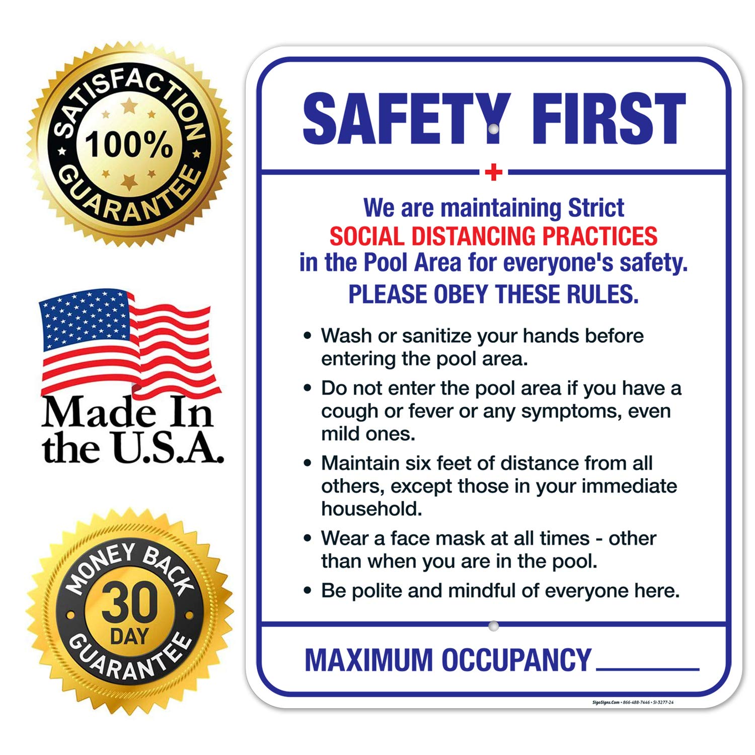 Social Distancing Pool Rules Sign - 18x24 Inch Rustproof Aluminum Safety Sign for Swimming Pools | Fade-Resistant, Easy to Install | Indoor/Outdoor Use | Made in USA | Perfect for Public Pools, Water Parks & Backyard Safety