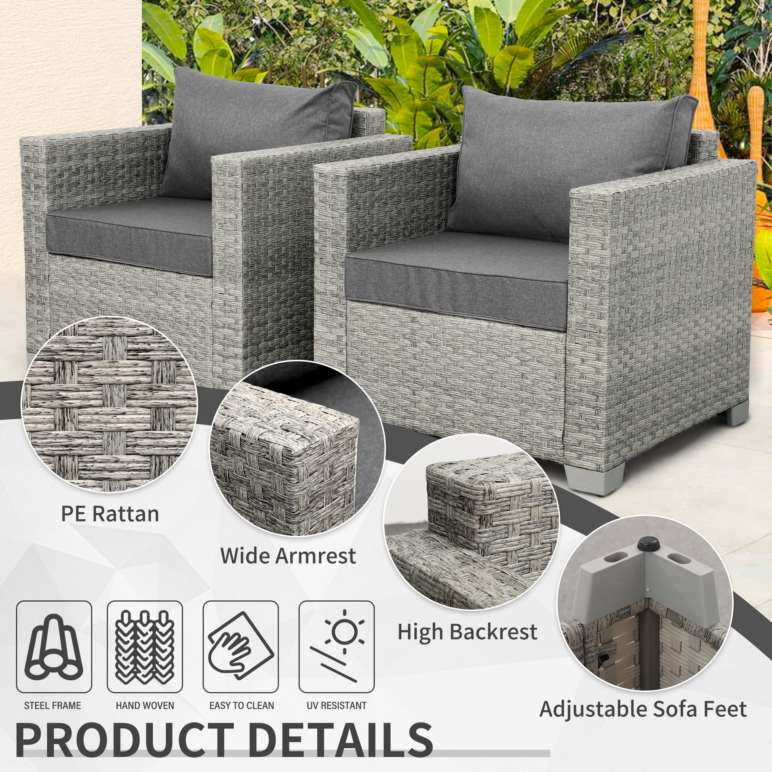 WAROOM 2-Piece Outdoor Wicker Patio Sofa Set - Grey Rattan Deep Seating Armchairs with Cushions for Porch, Balcony, Garden & Poolside Relaxation