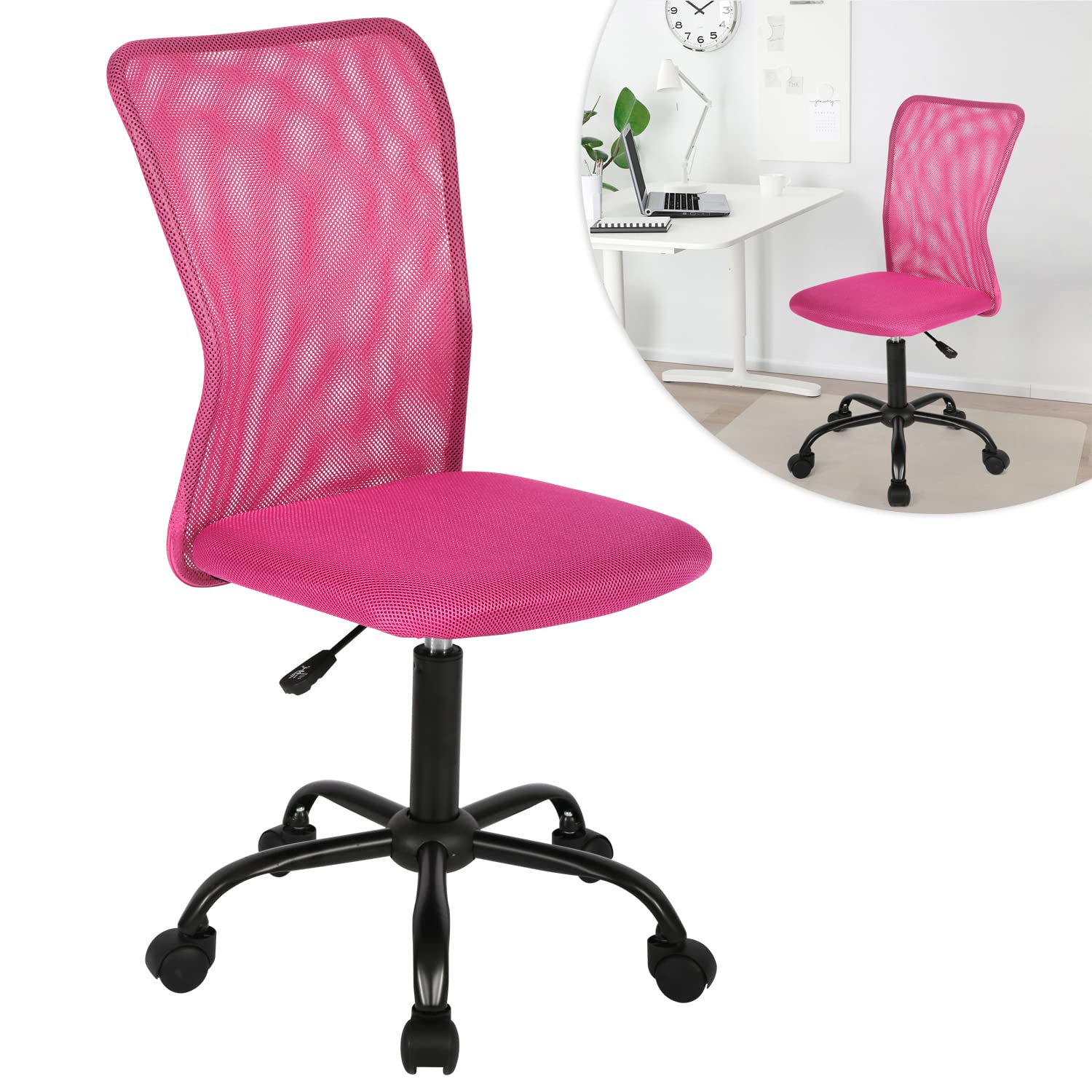 Ergonomic Armless Office Chair - Adjustable Height Mesh Computer Desk Chair with Lumbar Support, Rolling Swivel Task Chair for Small Spaces, Pink | Perfect for Home Office, Gaming & Workspace Comfort