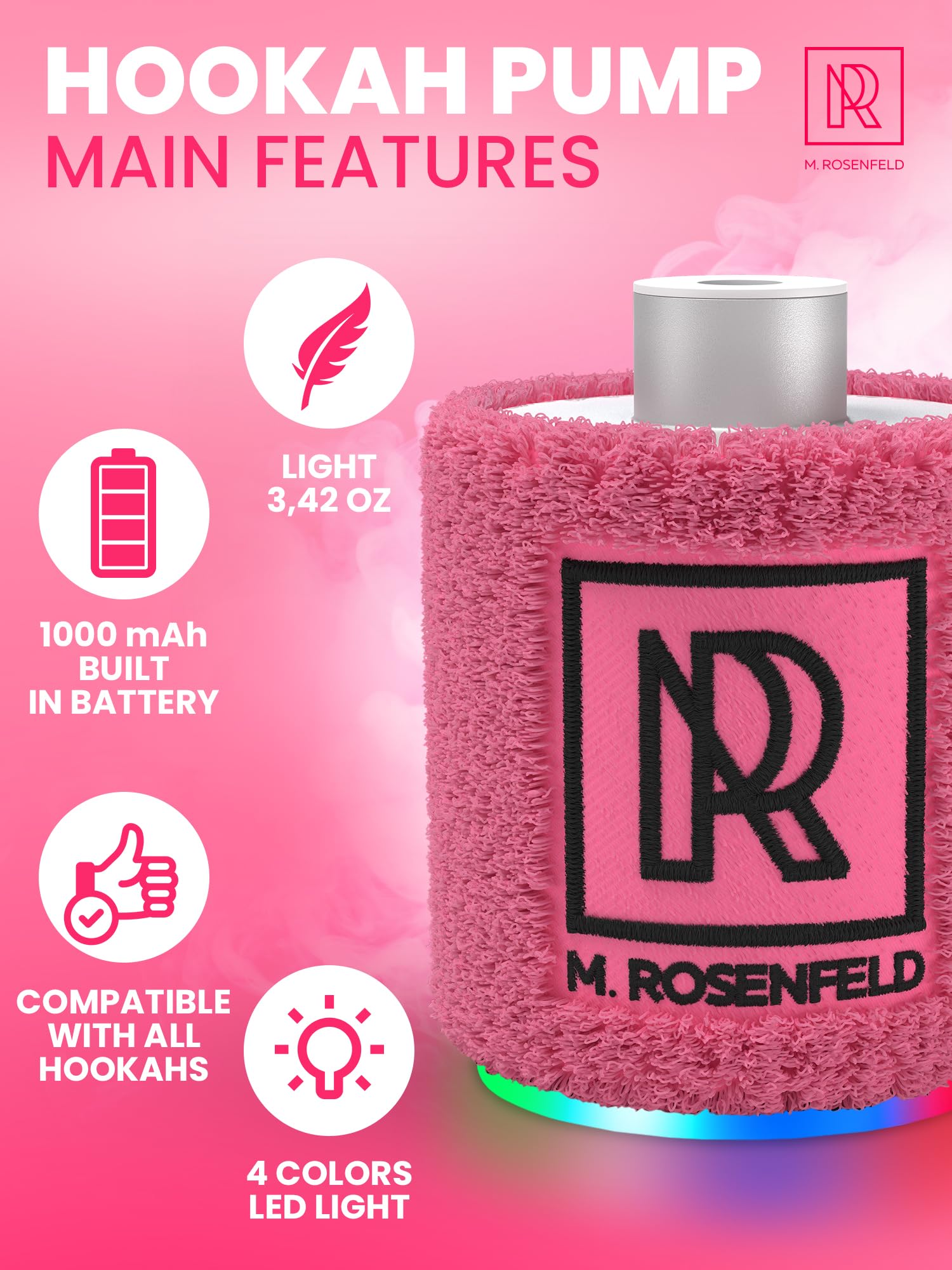 M. ROSENFELD Rechargeable Electric Hookah Starter Kit - Portable Mini Hookah Pump with LED Light & Vacuum Function - Fast Charcoal Lighter for Shisha Hookah - Perfect for Home Parties, Outdoor Camping & Hookah Lounges