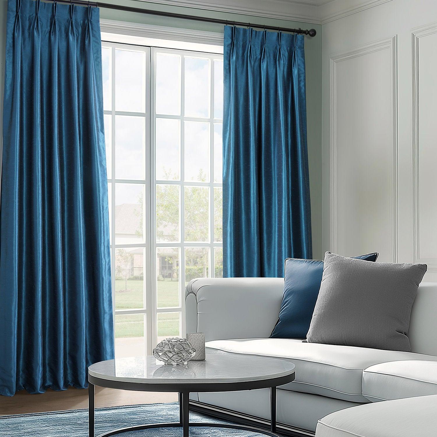 Captain's Blue French Pleat Vintage Textured Faux Dupioni Silk Blackout Curtains for Living Room & Bedroom - Elegant Window Treatments for Light Control & Privacy
