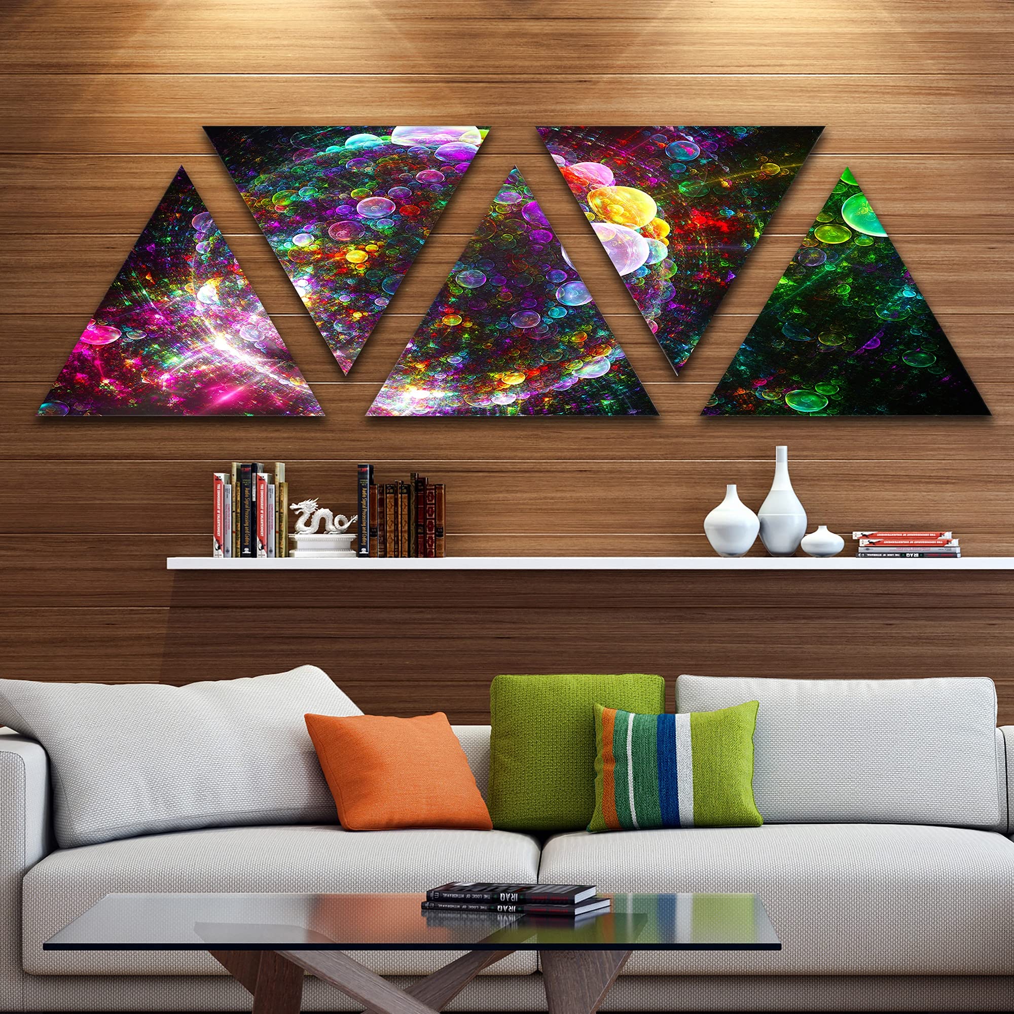 Designart 'Multi Color Fractal Spherical Bubbles' Modern Abstract Triangle Canvas Wall Art - 5 Panel Set (60