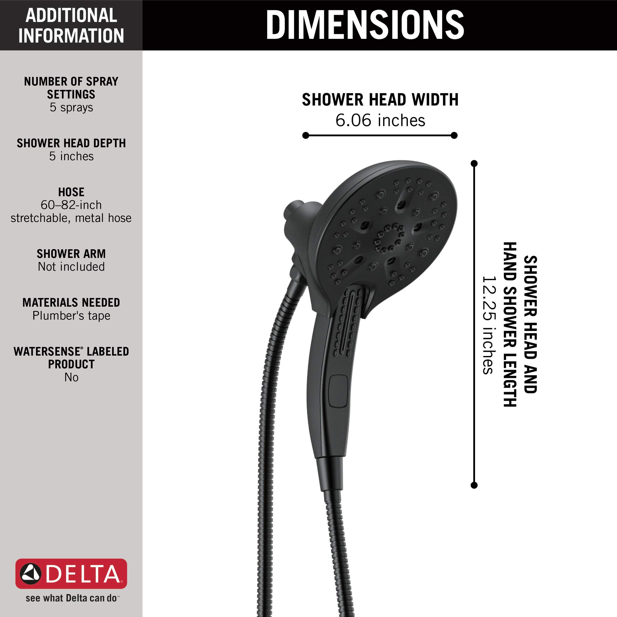 Delta 58620-BL25-PK 2-in-1 Dual Shower Head with 5 Spray Settings - Black Bathroom Fixture for Luxurious Rainfall and Handheld Shower Experience - Lifetime Limited Warranty - Perfect for Master Bathrooms, Spa-Like Showers and Water Conservation