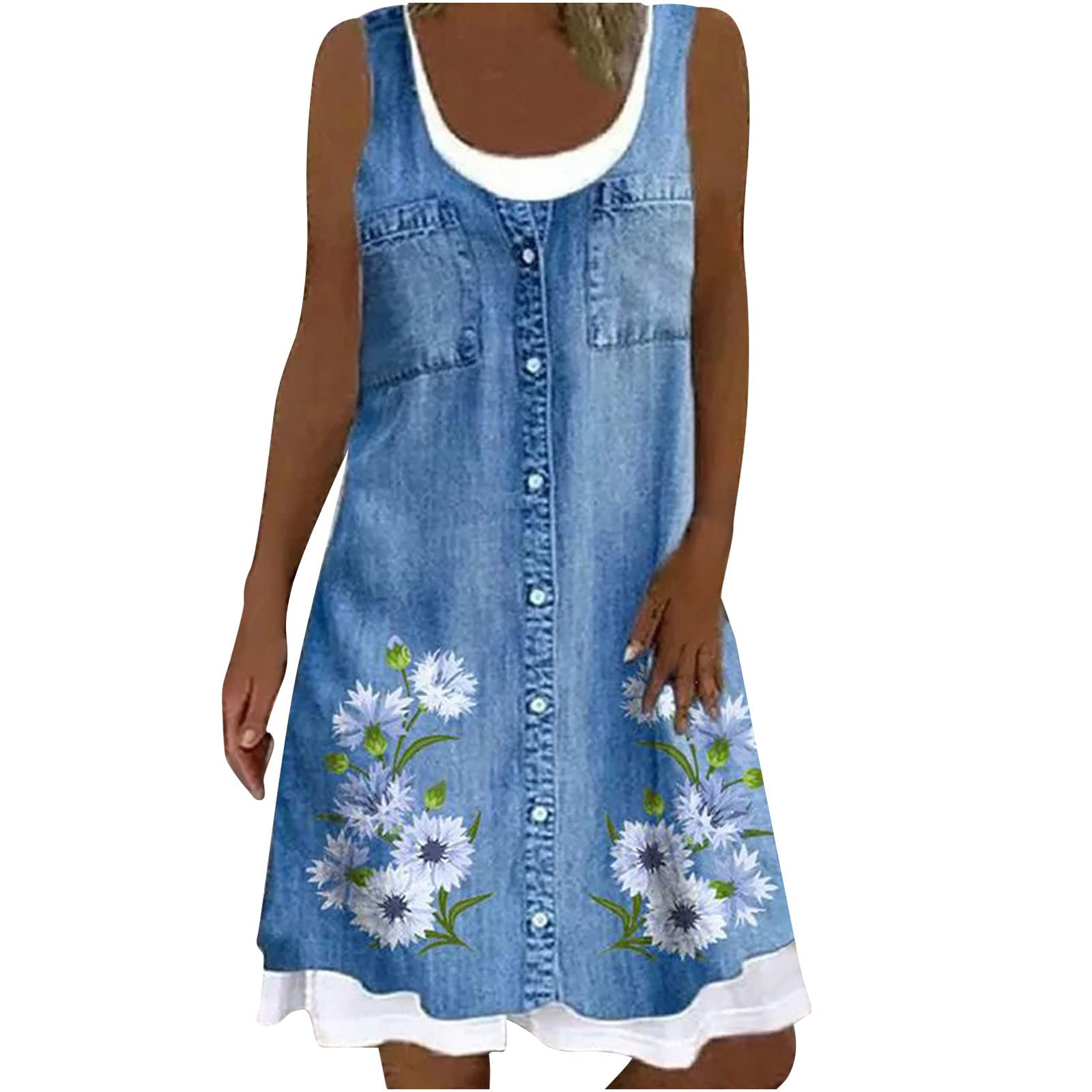 Women's Floral Denim Summer Dress - Sleeveless Crew Neck Tank Dress, Casual Loose Flowy Sun Dress for Beach, Vacation & Outdoor Activities