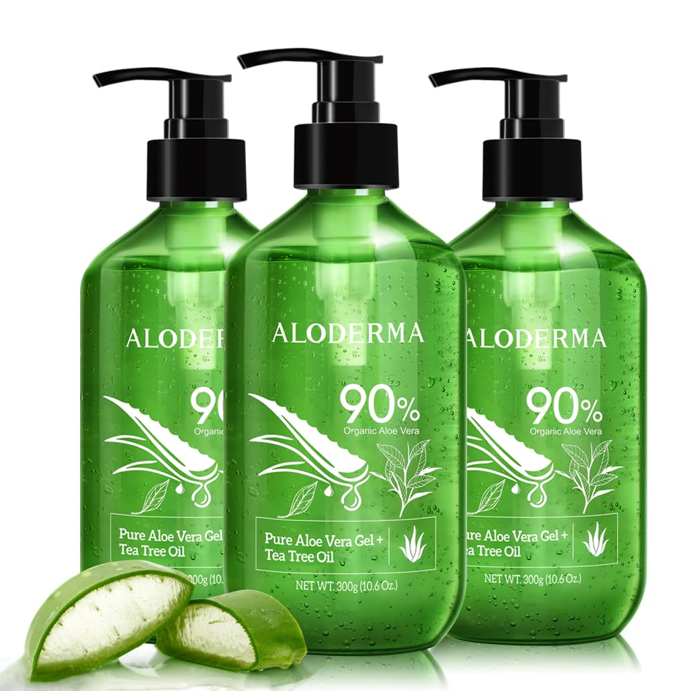 Aloderma Organic Aloe Vera Gel with Tea Tree Oil - 300ml x 3 Bottles | Freshly Harvested Within 12 Hours | Soothing Pure Aloe Gel for Face, Scalp & Aftershave | All Natural Skin Care Solution | Perfect for Sunburn Relief, Daily Moisturizing & Hair Care
