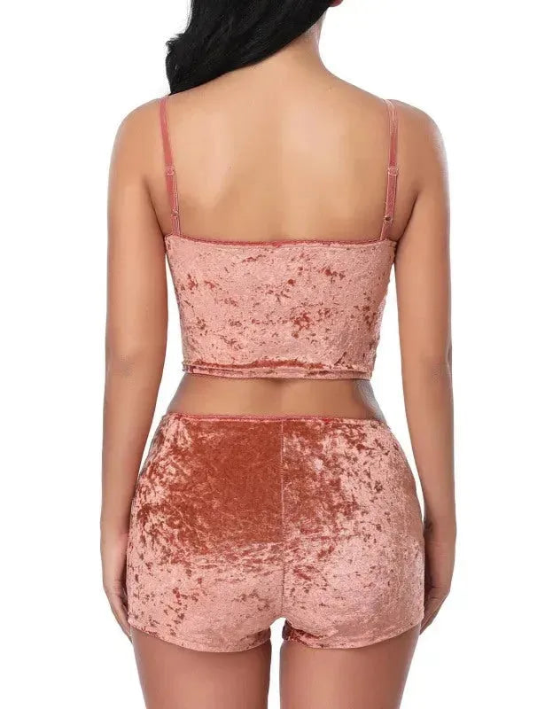 Women's Casual Velvet Two Piece Shorts Set - Soft Lounge Outfit for Home, Travel & Summer Comfort