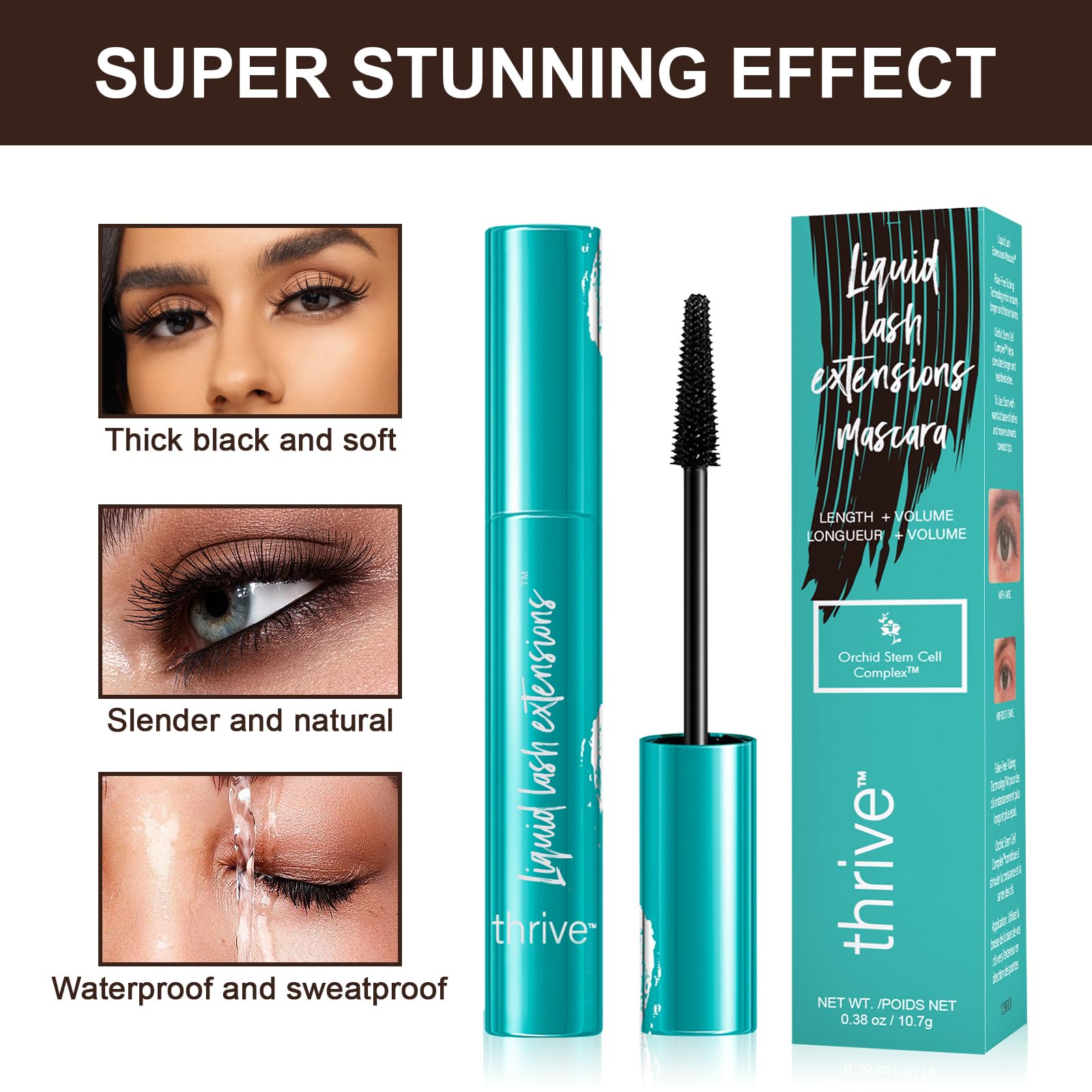 Black-Thrive Mascara Liquid Lash Extensions - Volumizing & Lengthening Mascara for Thicker Lashes (Rich Black, 10.7g/0.38oz) | Perfect for Daily Wear, Special Occasions & Lash Enhancement