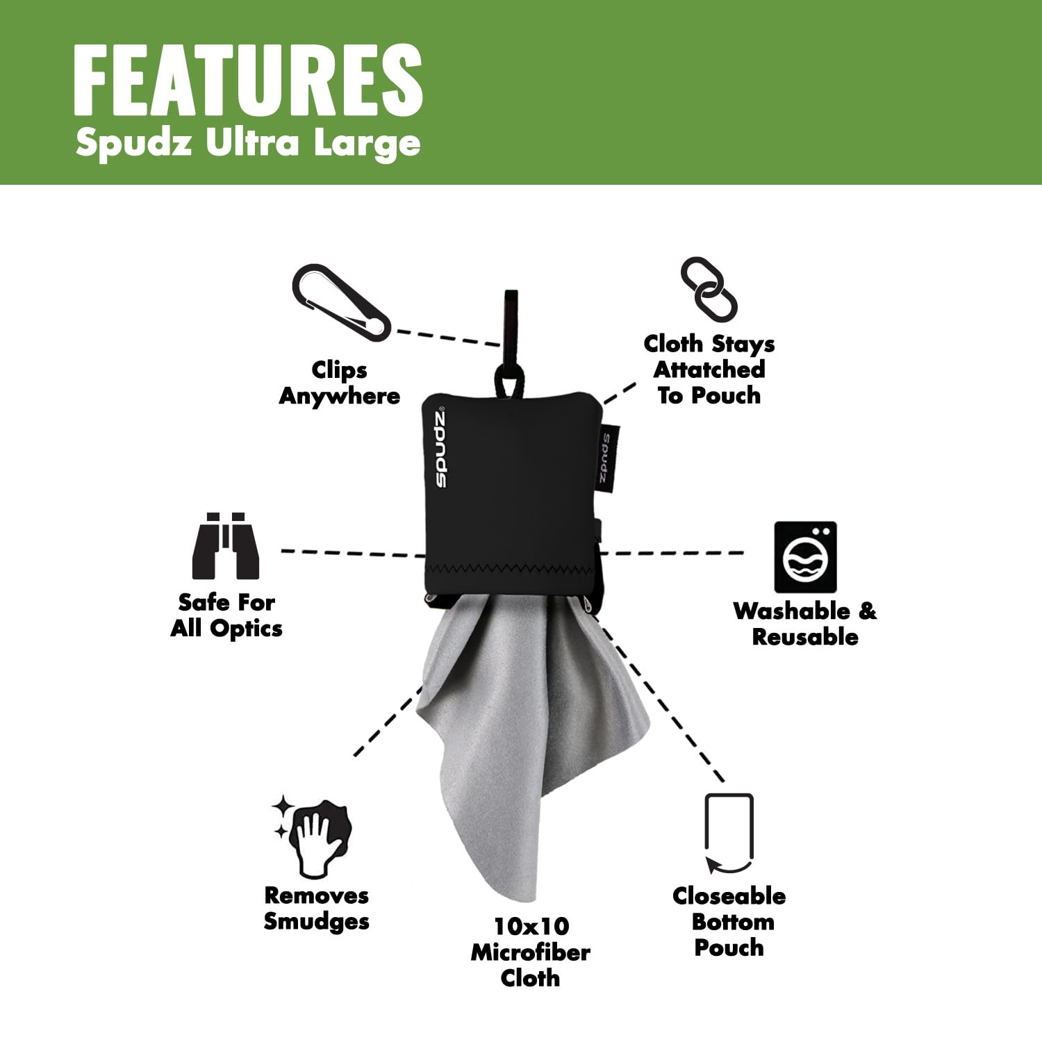 Alpine Innovations SPUDZ Ultra Microfiber Cloth - Premium Screen & Lens Cleaner for Phones, Glasses, Cameras | 10x10 Inch Reusable Black Cleaning Cloth with Closable Bottom | Perfect for Travel, Office & Home Use