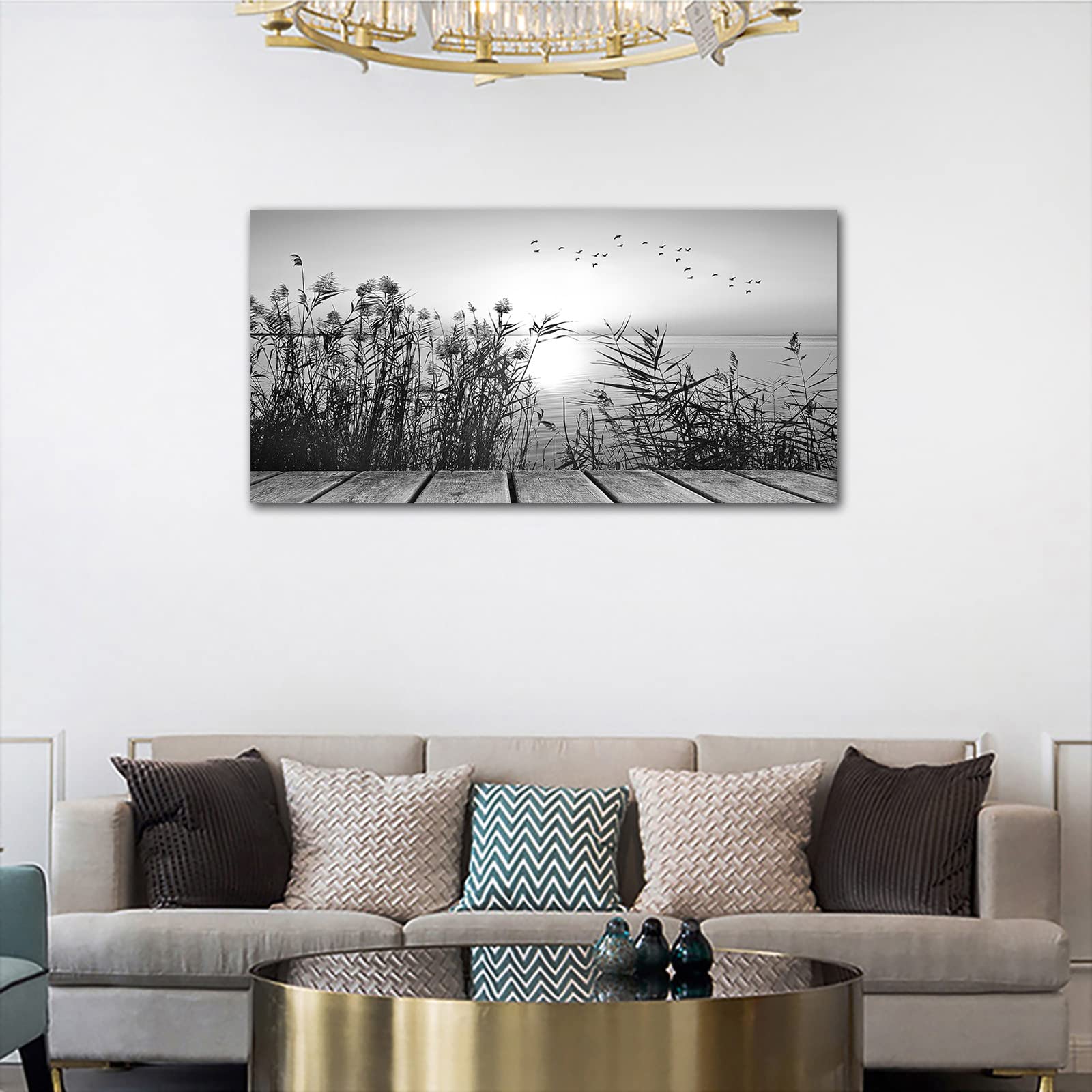 Sunset Lake Wall Art - Black & White Nature Canvas Print with Botanical Reeds & Flying Birds - Large 24x48 Inch Modern Home Decor for Living Room, Bedroom, Dining Room, Kitchen & Office - Perfect for Nature Lovers & Contemporary Interior Design