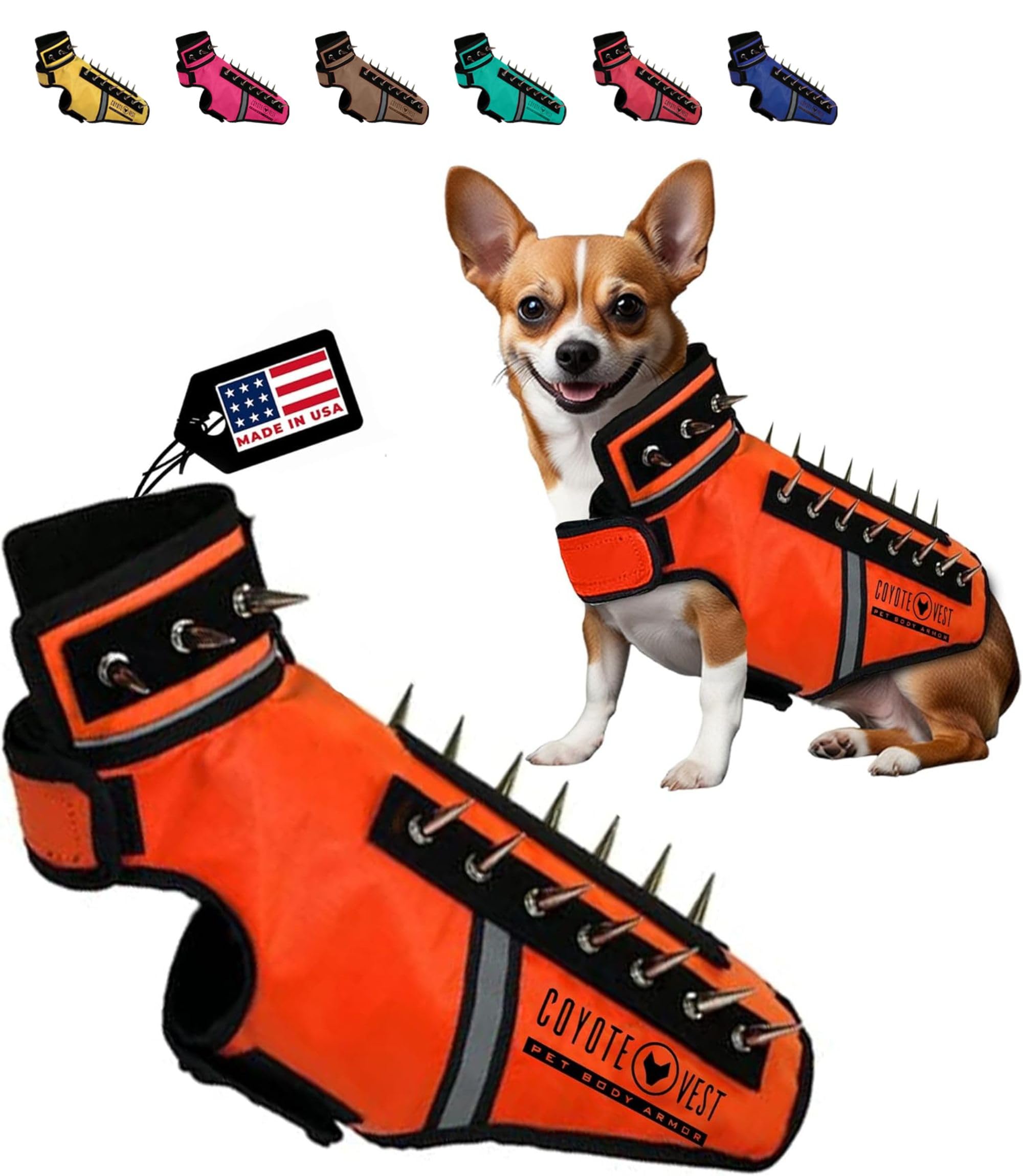 CoyoteVest SpikeVest - Protective Dog Harness for Small Dogs | Reflective Anti-Coyote & Hawk Vest with Spikes | Made in USA (XXS, Fluorescent Orange) | Ideal for Outdoor Adventures, Hiking & Backyard Safety