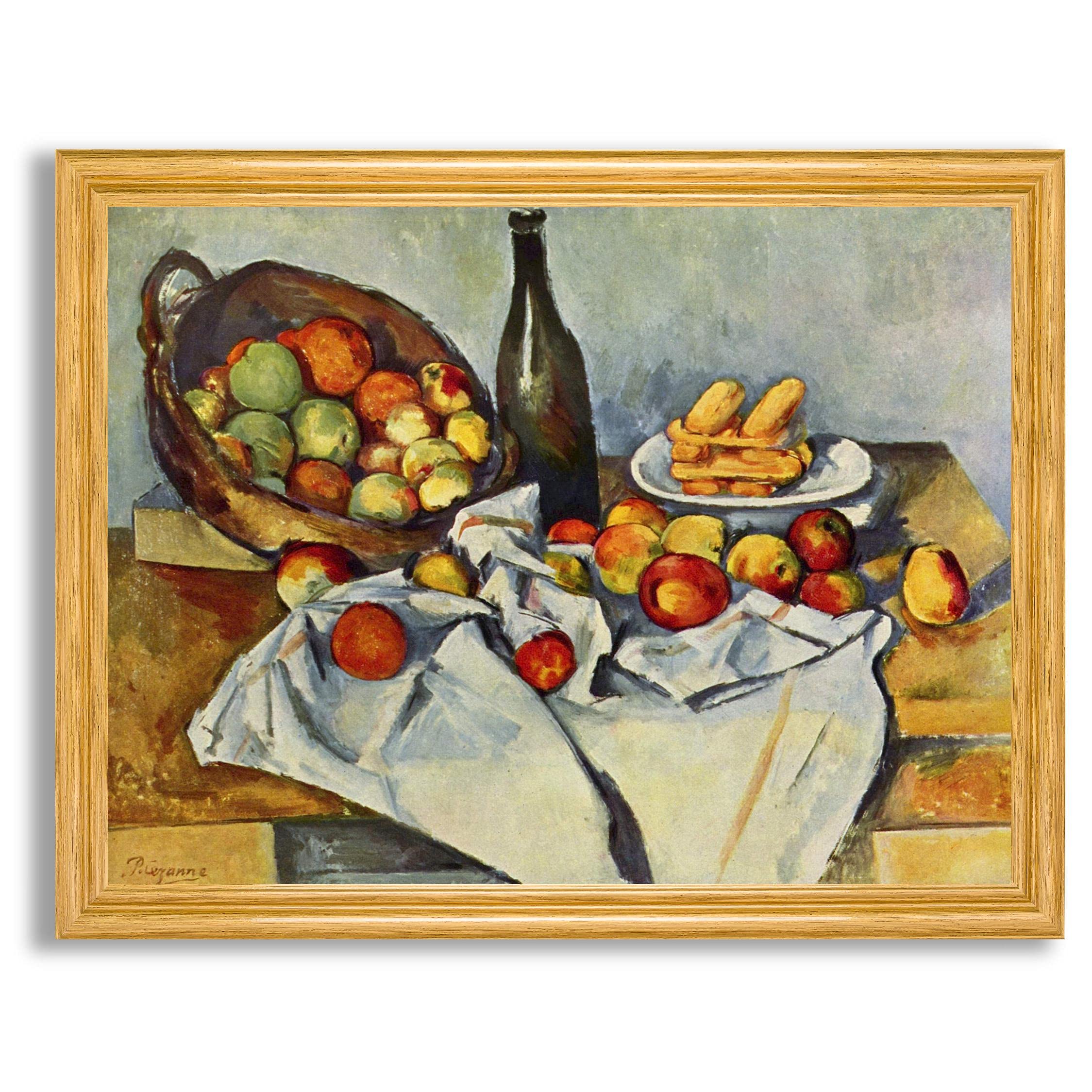 Paul Cezanne Still Life with Bottle & Apple Basket Framed Canvas Wall Art - Fine Art Reproduction Painting in Wood Frame - Home Decor for Living Room, Bedroom & Office - Perfect Gift for Art Lovers & Housewarming