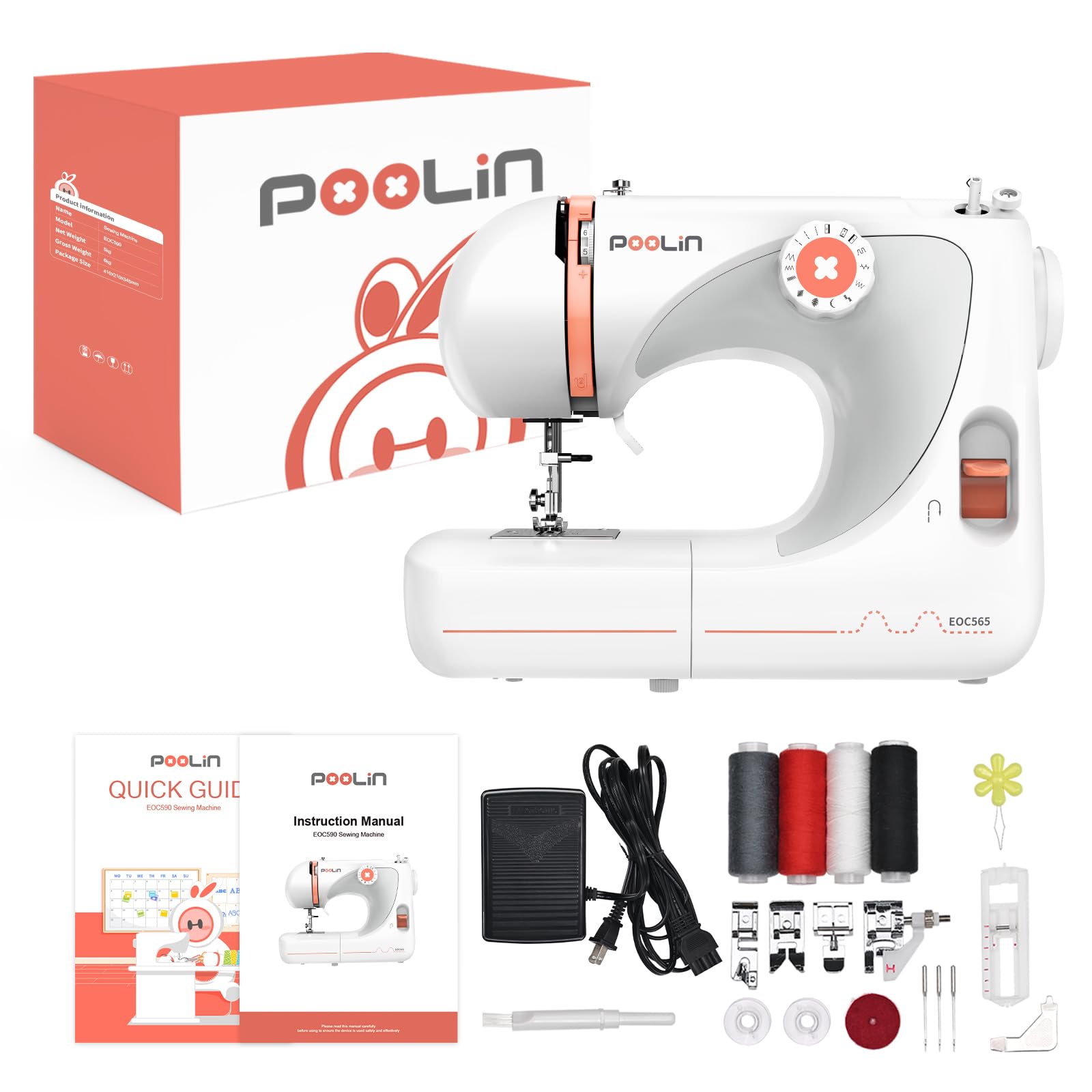 Kids Sewing Machine with 27 Stitch Patterns - Includes Video Tutorials, Quick Guide & Accessories | Perfect for Beginners, DIY Crafts & Sewing Projects (Model EOC565)