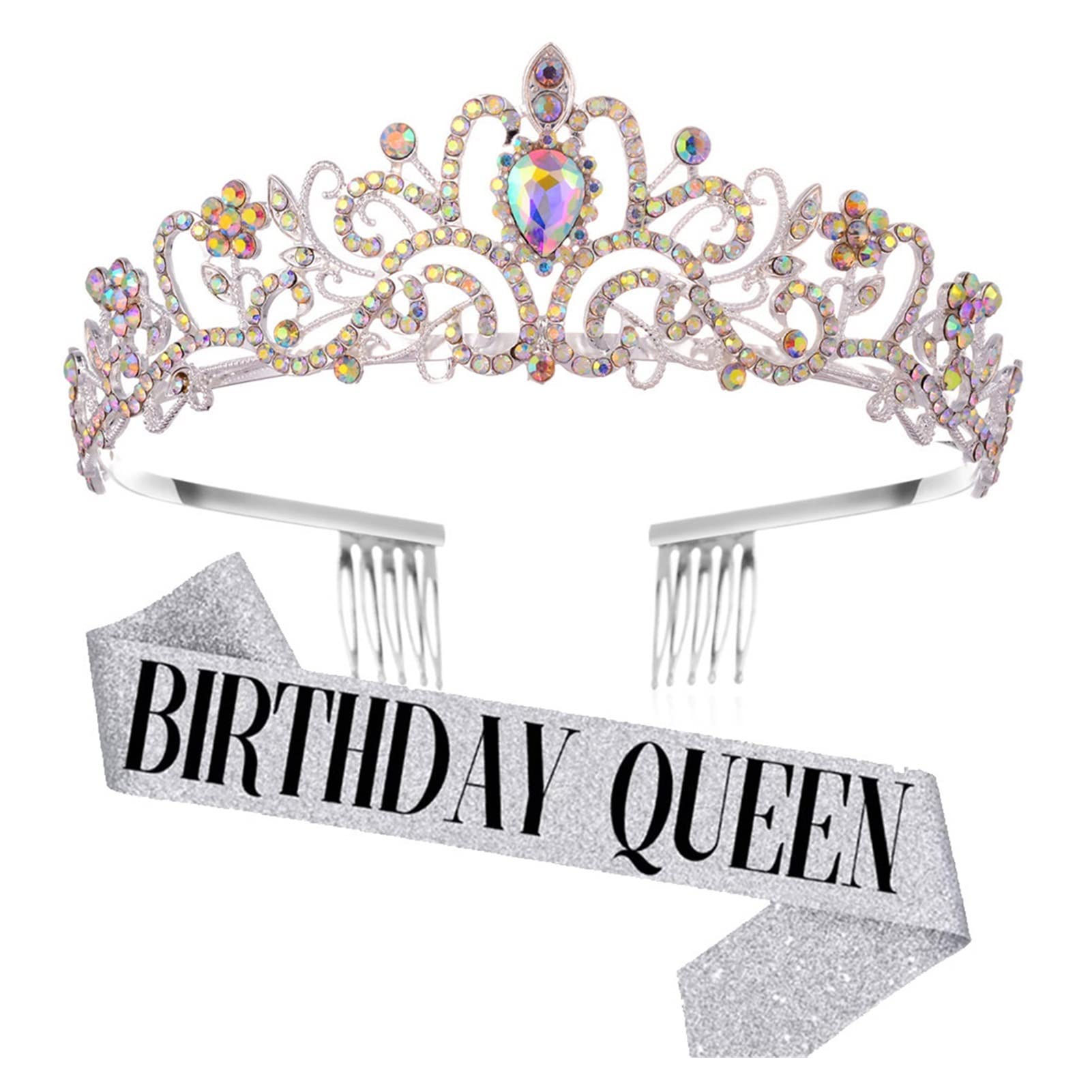 Silver Crystal Rhinestone Bridal Crown Tiara Set - Elegant Birthday Party Hair Accessories for Girls, Women, Queens | Perfect for Weddings, Prom, Pageants & Special Occasions | Includes Adjustable Ribbon Headband & Gift Box