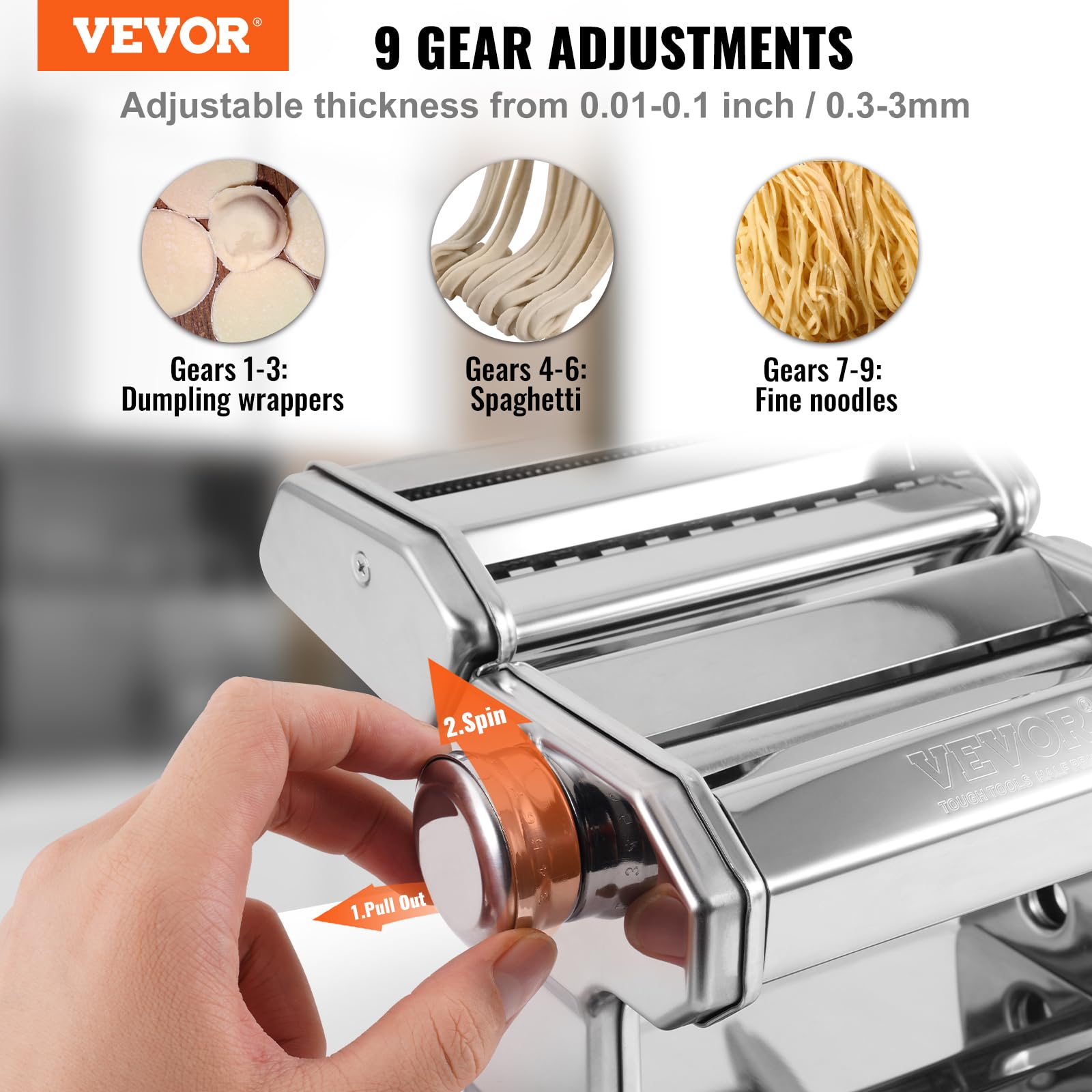 VEVOR Electric Pasta Maker Machine - 9 Adjustable Thickness Settings, Stainless Steel Noodle Roller & Cutter - Professional Pasta Making Kit for Homemade Spaghetti, Fettuccine, Lasagna - Ideal for Italian Cuisine, Family Cooking & Restaurant Use