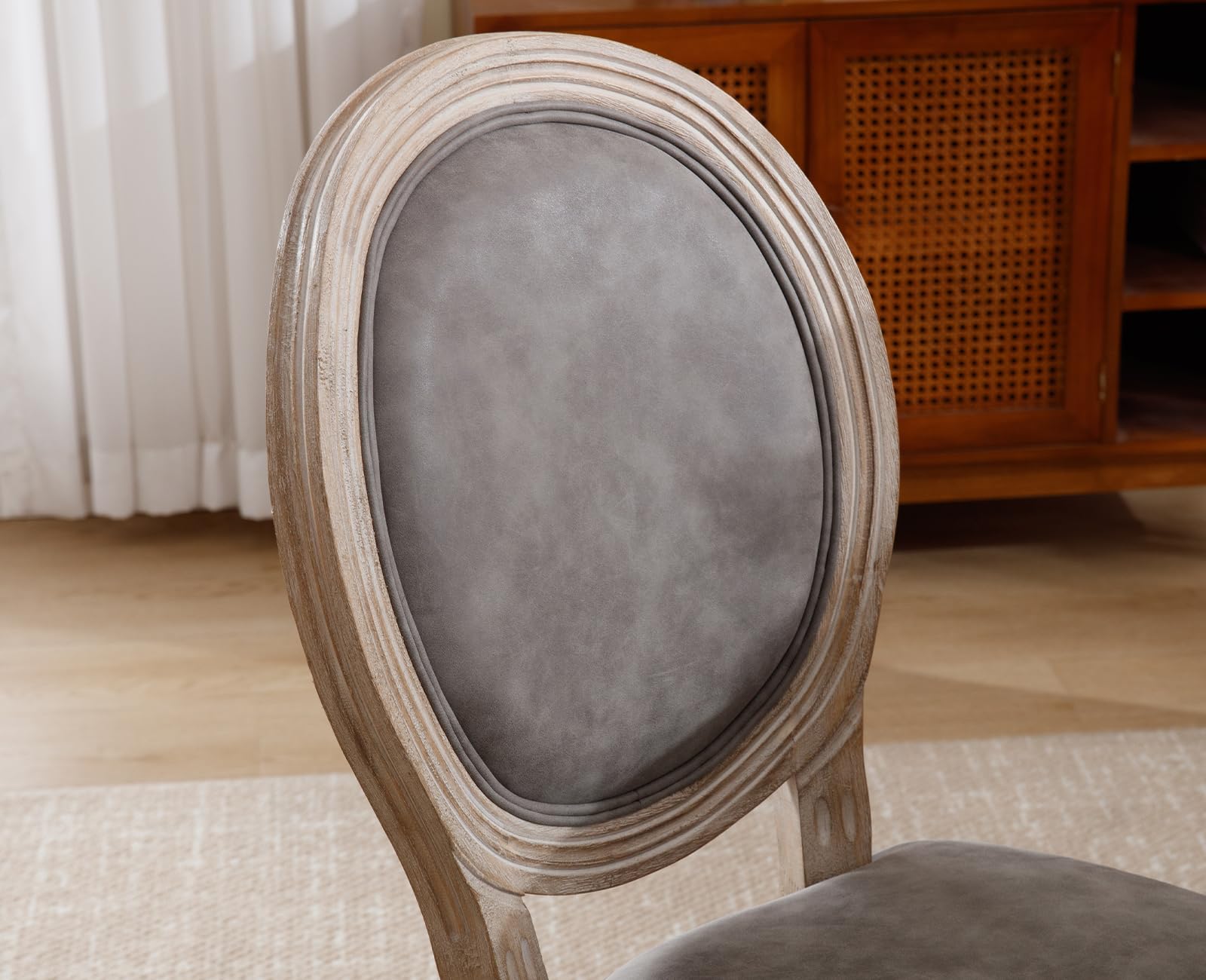 Farmhouse Leather Dining Chairs Set of 4 - French Country Round Back Side Chairs for Kitchen, Restaurant, Dining Room & Living Room - Grey Upholstered Seating (Perfect for Rustic Home Decor & Entertaining Guests)