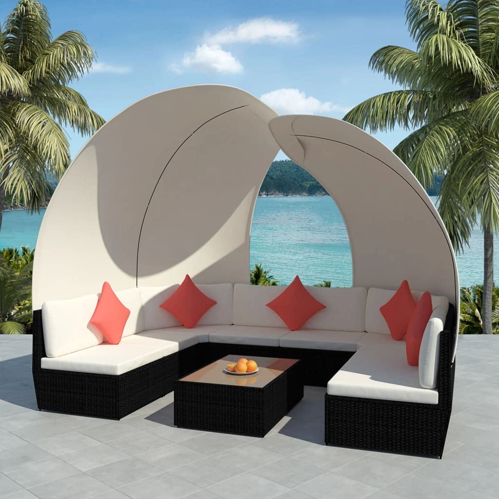 9-Piece All-Weather Patio Lounge Set with Canopy - Black Poly Rattan Outdoor Furniture for Garden, Backyard & Poolside - Durable Conversation Sofa Set for Relaxing & Entertaining