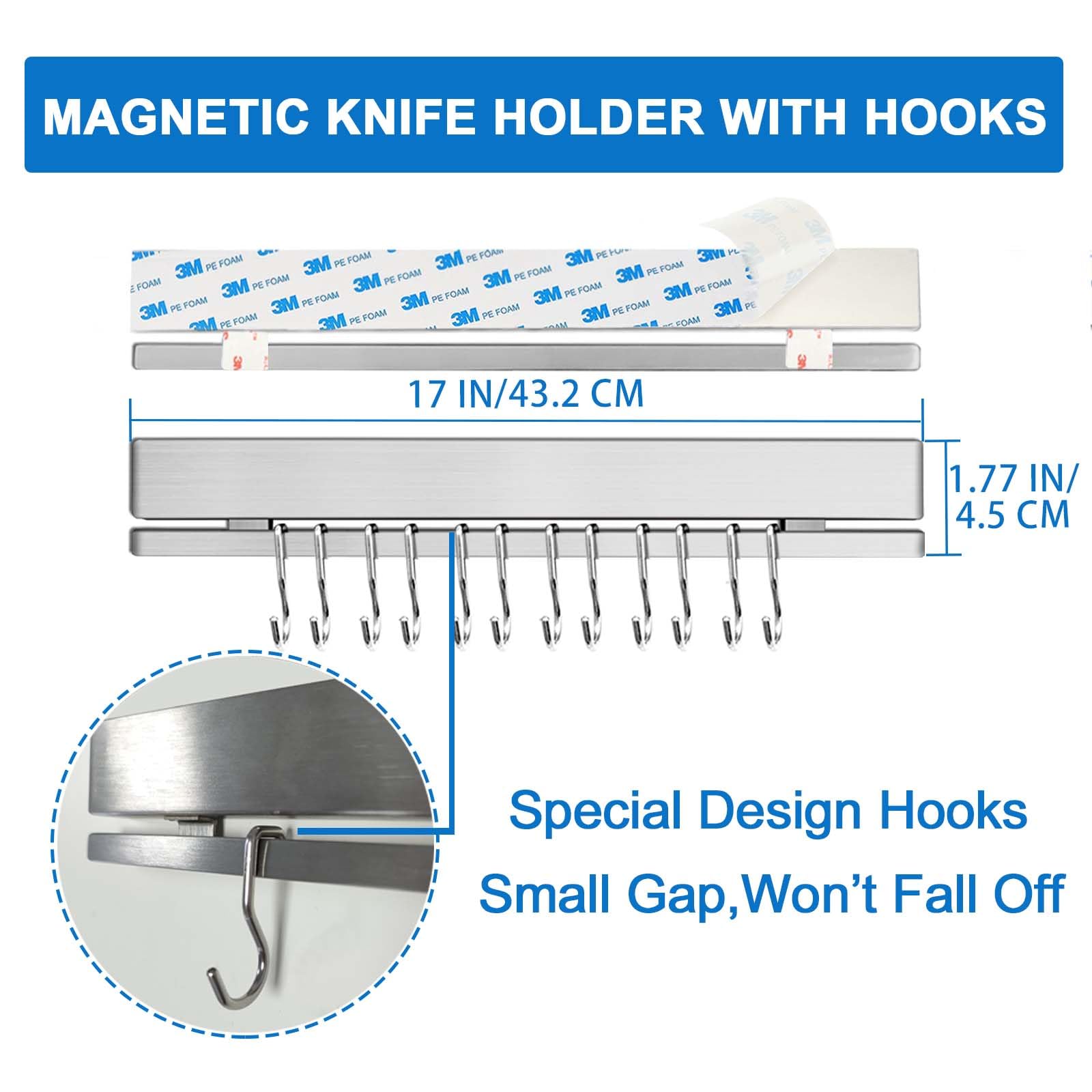 17 Inch Magnetic Knife Holder for Wall - No Drill or Drill Options with 12 Hooks - Strong Adhesive Double Magnetic Bar - 304 Stainless Steel Knife Strip - Perfect for Kitchen Utensil Organization - Ideal for Home Chefs & Professional Kitchens
