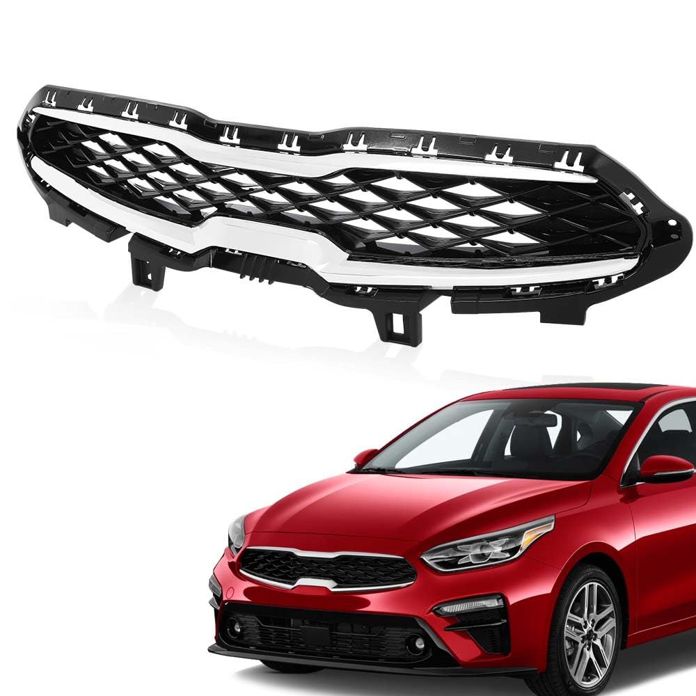CROSSDESIG Front Upper Grille with Chrome Trim - Compatible with 2019-2020 Kia Forte | Replacement Car Grille for Enhanced Style & Vehicle Protection | Perfect for Auto Upgrades & Customization Projects