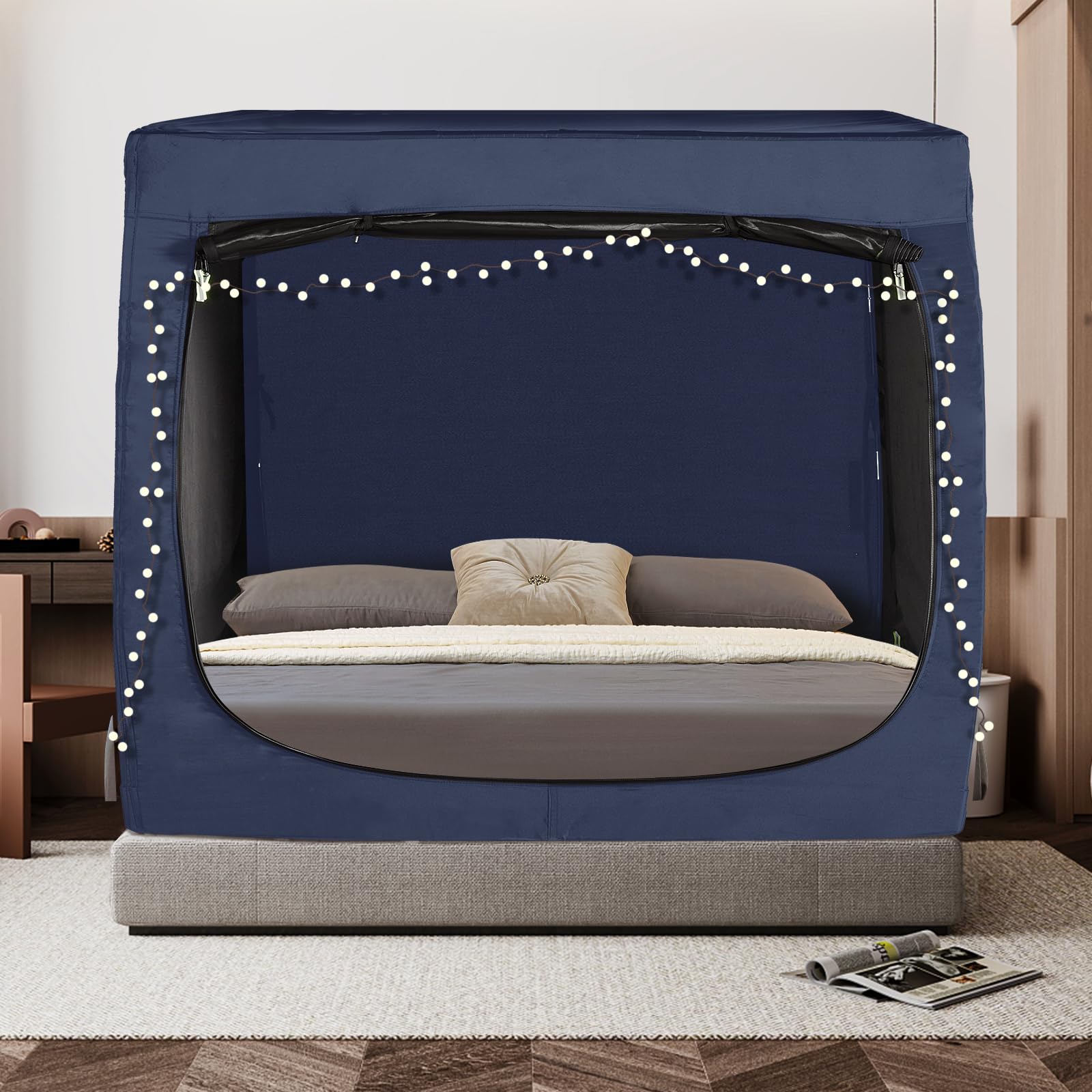 Queen Size Bed Canopy Tent - Portable Blackout Sleeping Tent for Adults & Kids, 93% Light Blocking with 3 Breathable Doors | Perfect for Indoor Camping, Privacy Space, and Cozy Bedroom Retreats