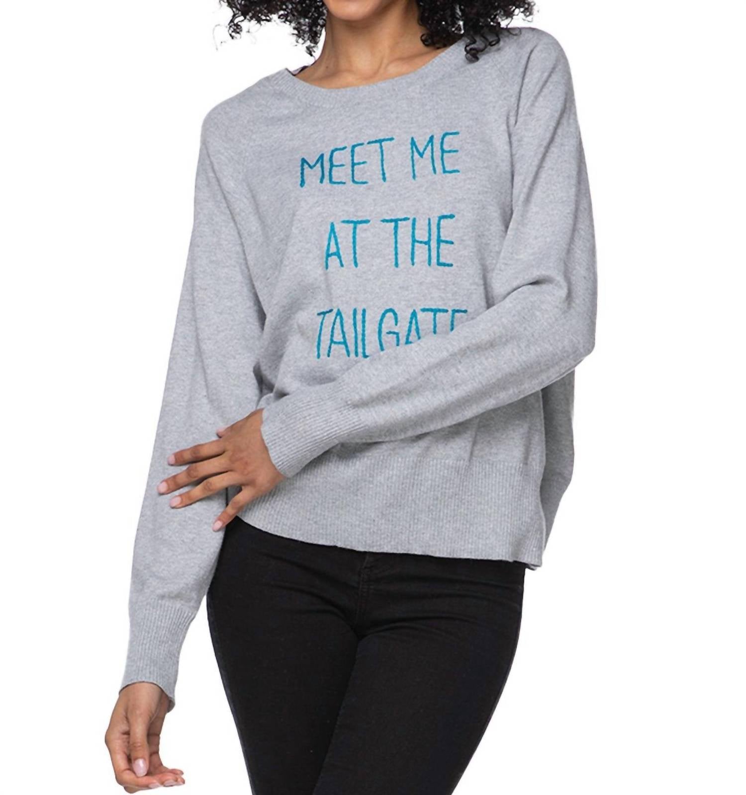 Meet Me At The Tailgate Embroidered Sweater - Grey Crewneck Pullover for Football Games, Tailgating & Casual Wear