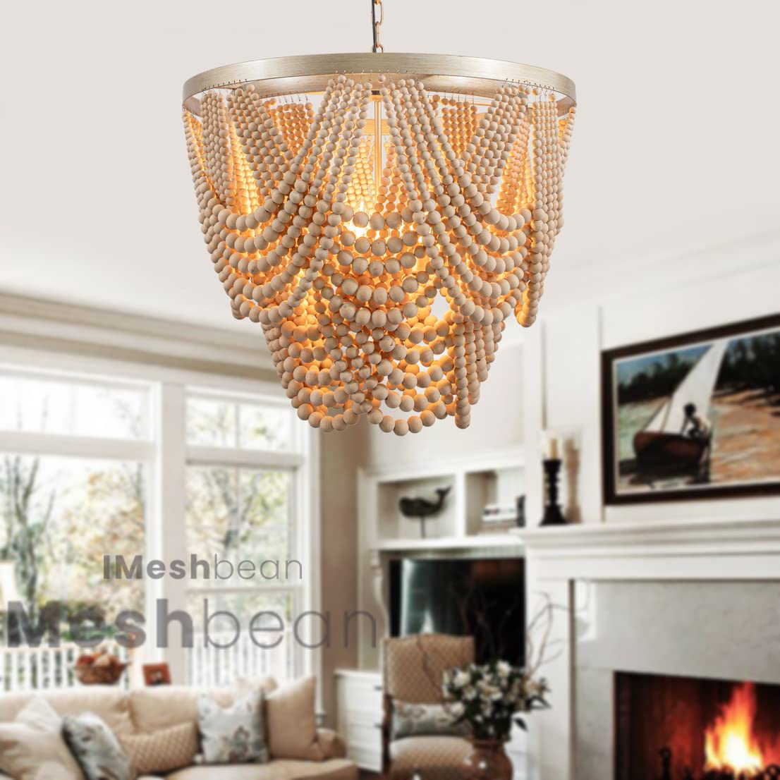 Boho Wood Beaded Chandelier Light Fixture - Handmade Bohemian Farmhouse Ceiling Light with Draped Beads for Living Room, Bedroom & Dining Room Decor
