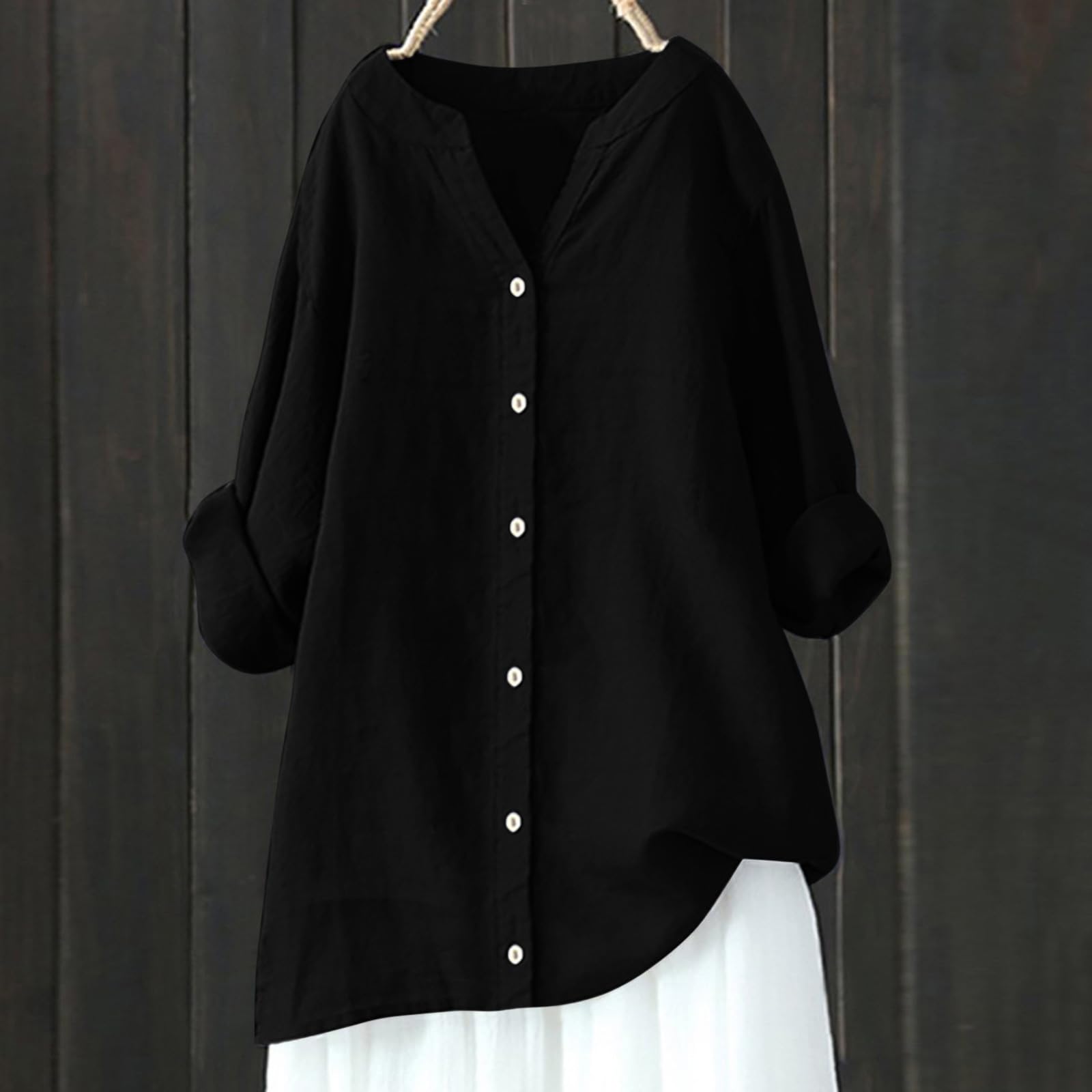 2024 Trendy Women's Summer Linen Tops - V Neck Long Sleeve Casual Button Up Tunic Shirts for Vacation & Beach Outfits | Perfect for Travel, Brunch and Summer Getaways