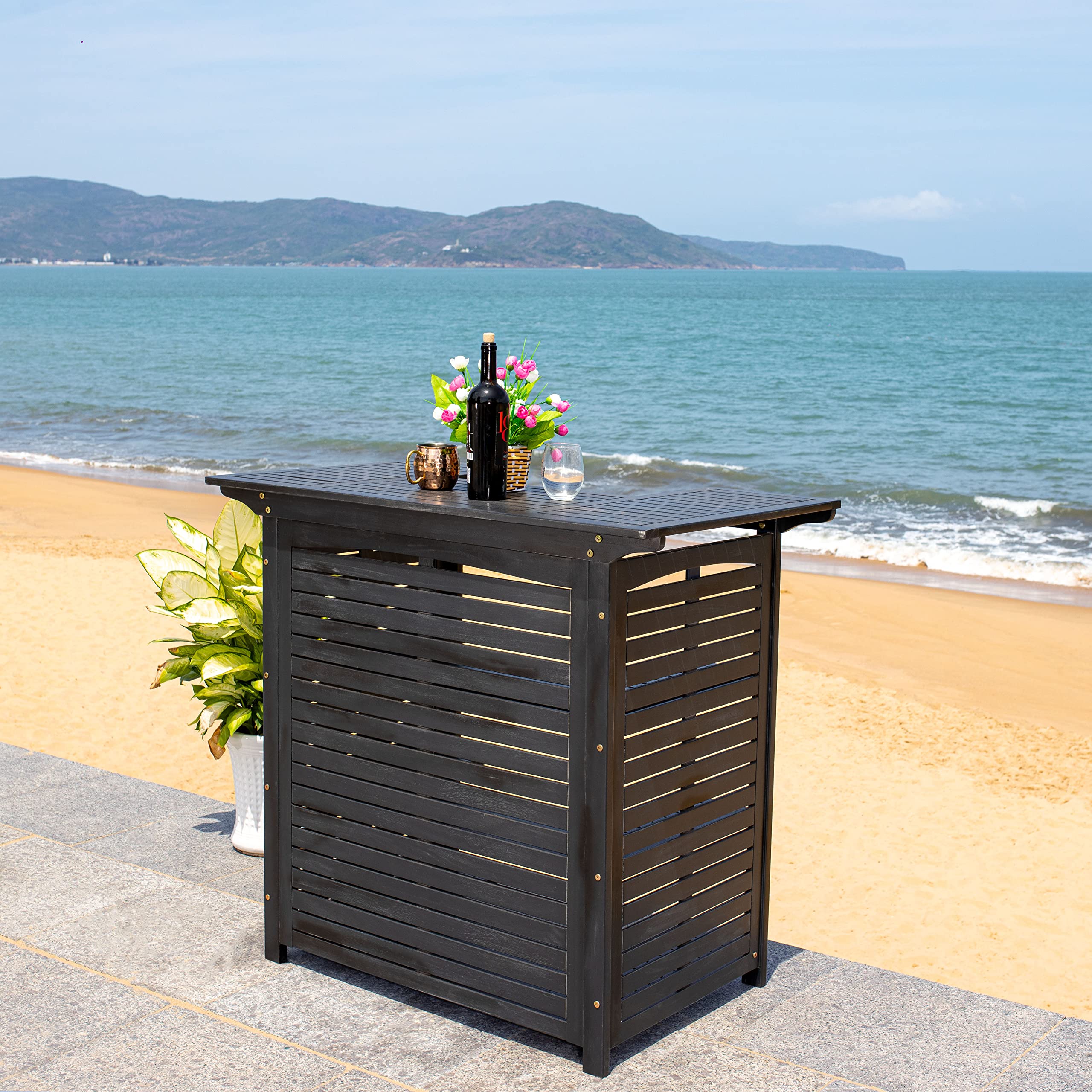 SAFAVIEH Monterey 42-inch Black Acacia Wood Outdoor Bar Table - Weather-Resistant Patio Dining & Poolside Entertaining Furniture