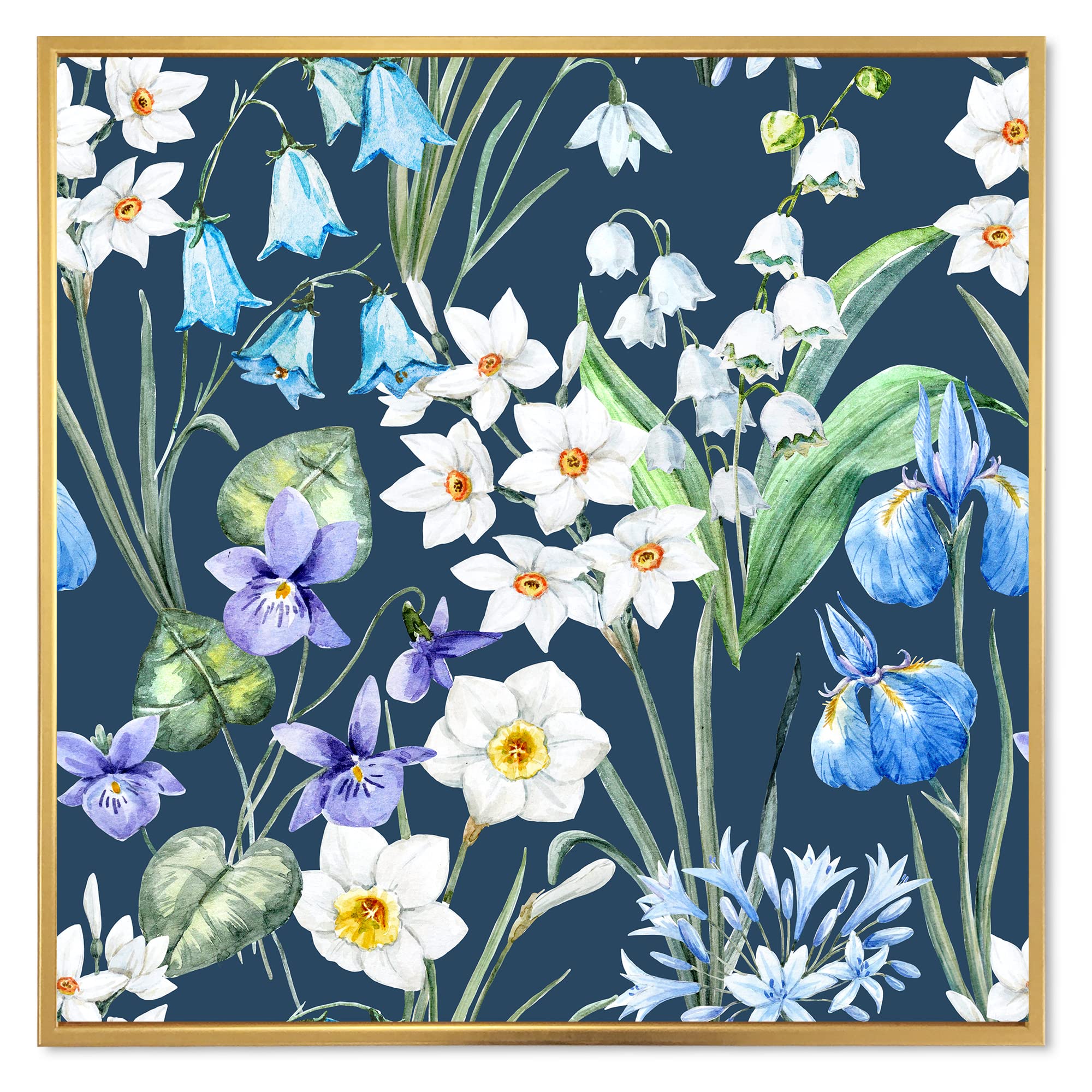 DesignQ White and Blue Spring Flowers on Dark Blue - Traditional Framed Canvas Wall Art Print for Living Room, Bedroom & Office Decor