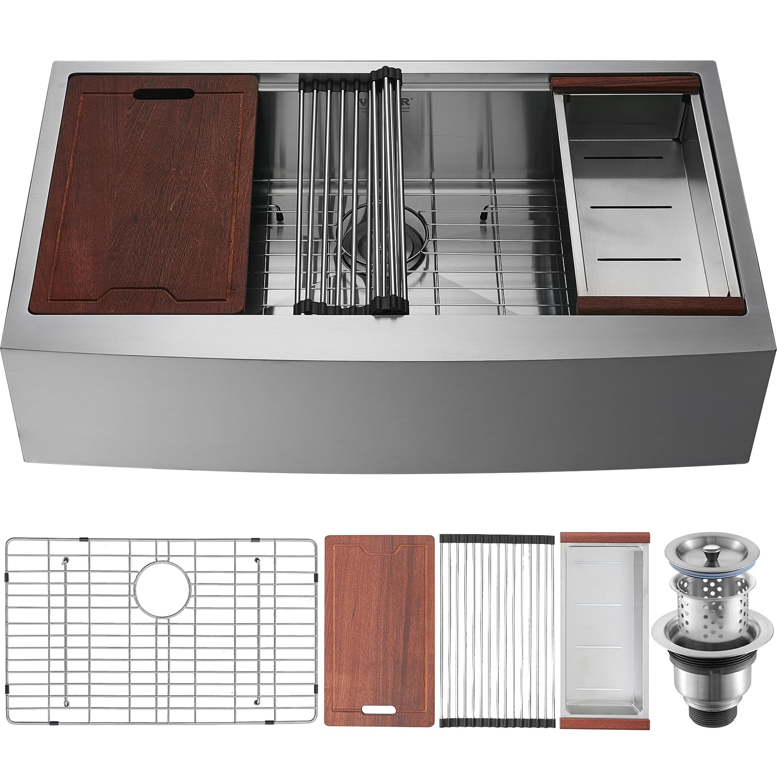 VEVOR 36 Inch Farmhouse Kitchen Sink - 304 Stainless Steel Top Mount Single Bowl with Drainboard & Accessories - Perfect for Workstation, Prep Kitchen, Bar & Dishwashing - Durable Drop-in Sink for Modern Homes & Restaurants