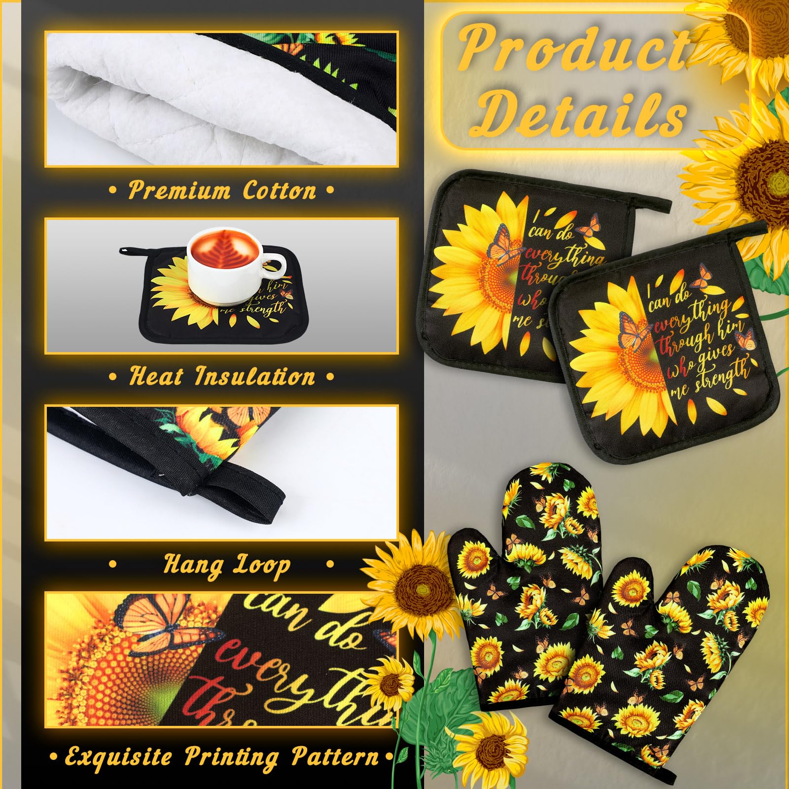 Bencailor 6-Piece Kitchen Decor Set - 2 Oven Mitts, 2 Dish Towels, 2 Pot Holders - Farmhouse Style Cooking & Baking Accessories for Grilling, Baking, and Kitchen Use (Black & Sunflower Design) - Perfect for Home Cooking, BBQ Parties, and Holiday Gift Giving