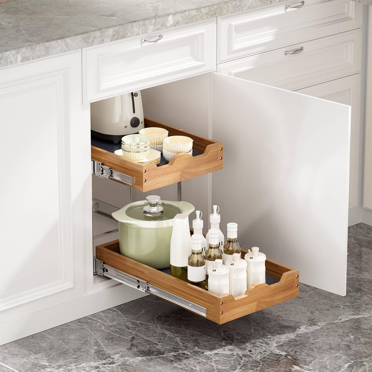 2-Tier Pull Out Cabinet Drawers - Wood Organizer for Kitchen, Pantry & Bathroom Storage