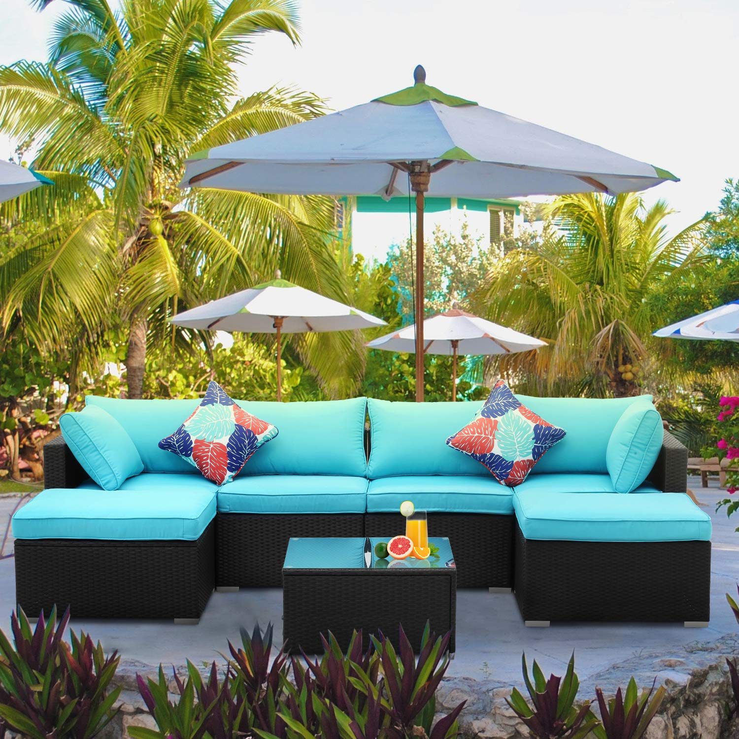 Wonlink 7-Piece Outdoor Patio Furniture Set - Lake Blue Wicker Rattan Sectional Sofa with Ottoman, Glass Coffee Table & Cushions - Perfect for Garden, Poolside, Backyard & Patio Relaxation