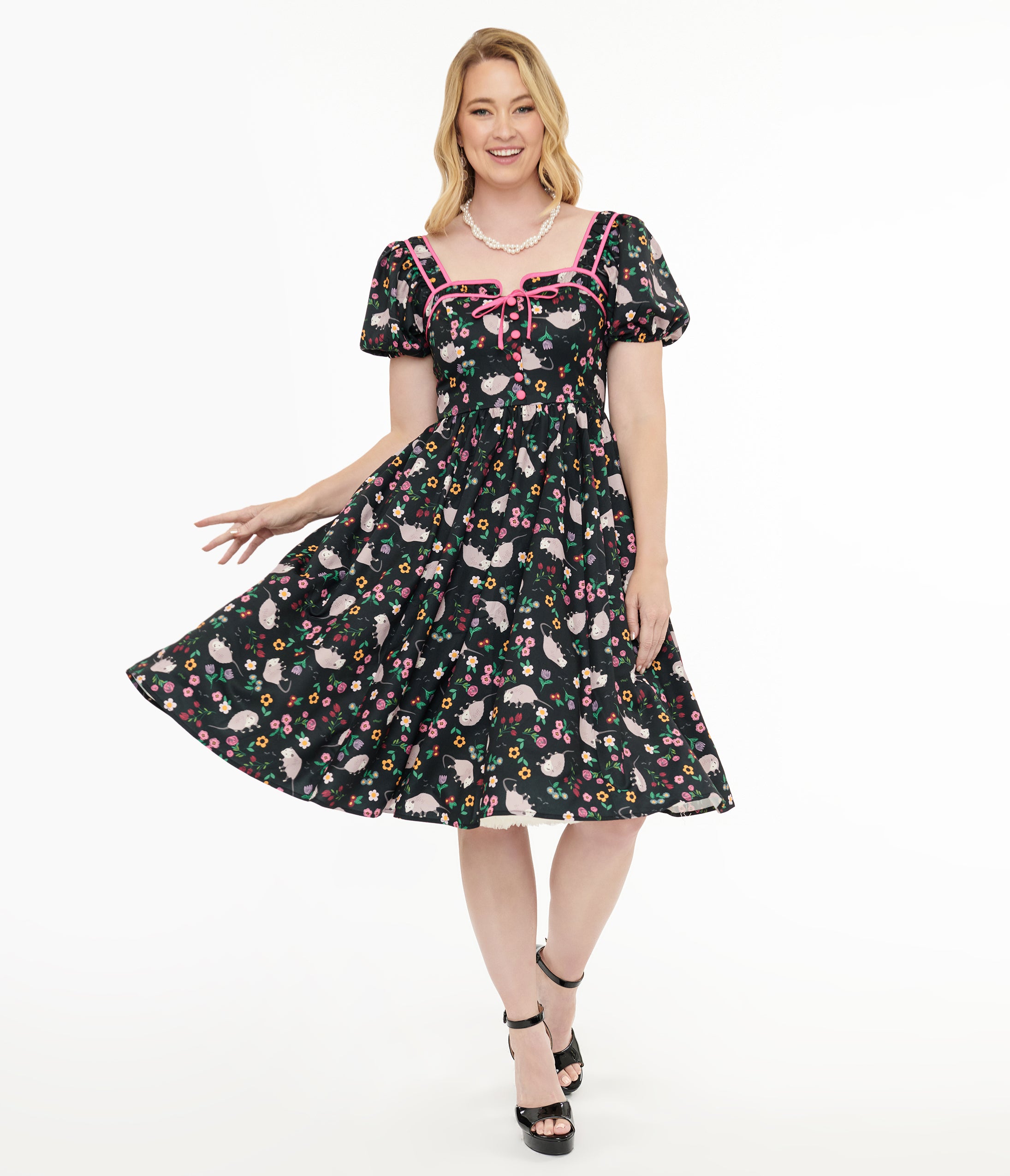 Vintage 1940s Black & Pink Awesome Possum Button Front Swing Dress - Retro Floral Print Cocktail Party & Swing Dance Dress for Women