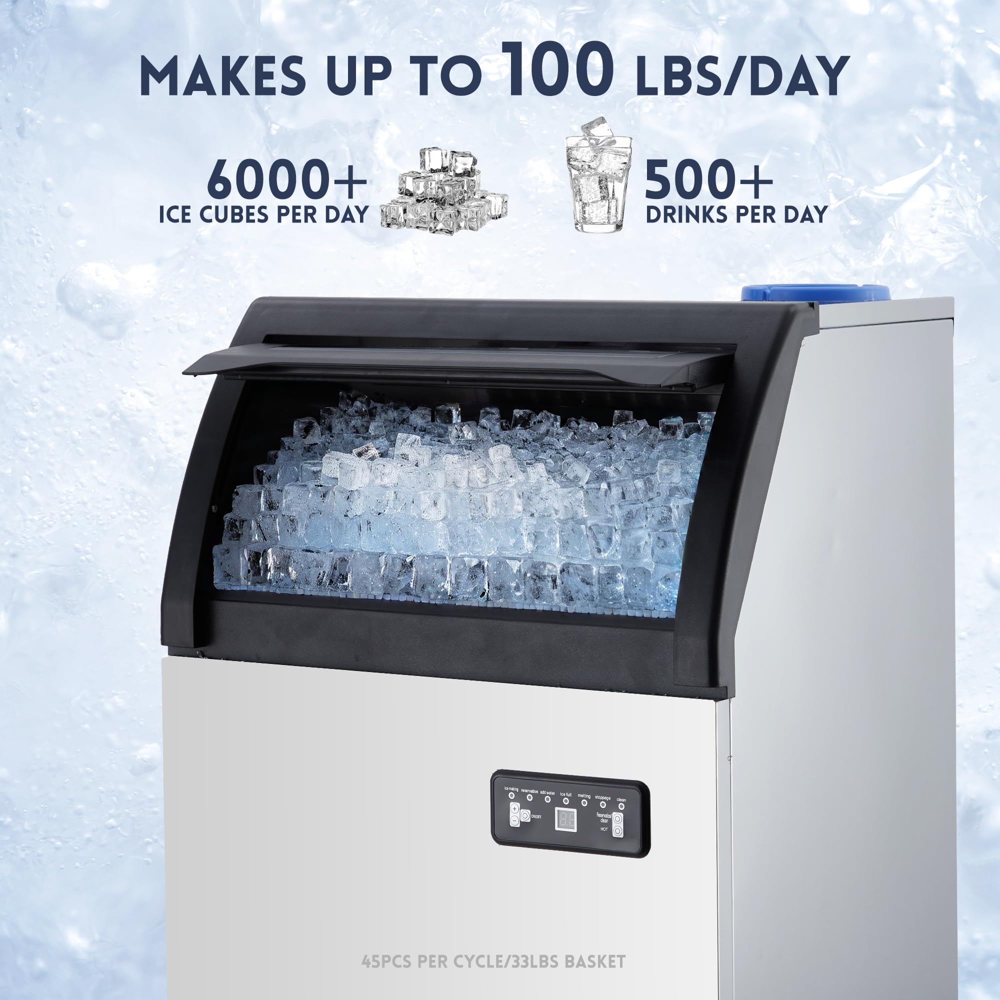 Commercial Ice Maker Machine 100 LBS/24H - Under Counter Ice Machine with 33LBS Storage Bin - Stainless Steel Large Ice Maker for Home Bar, Office, Restaurant - Upgraded Compressor for Quick Ice Making - Perfect for Cocktail Parties, Coffee Shops & Commercial Kitchens