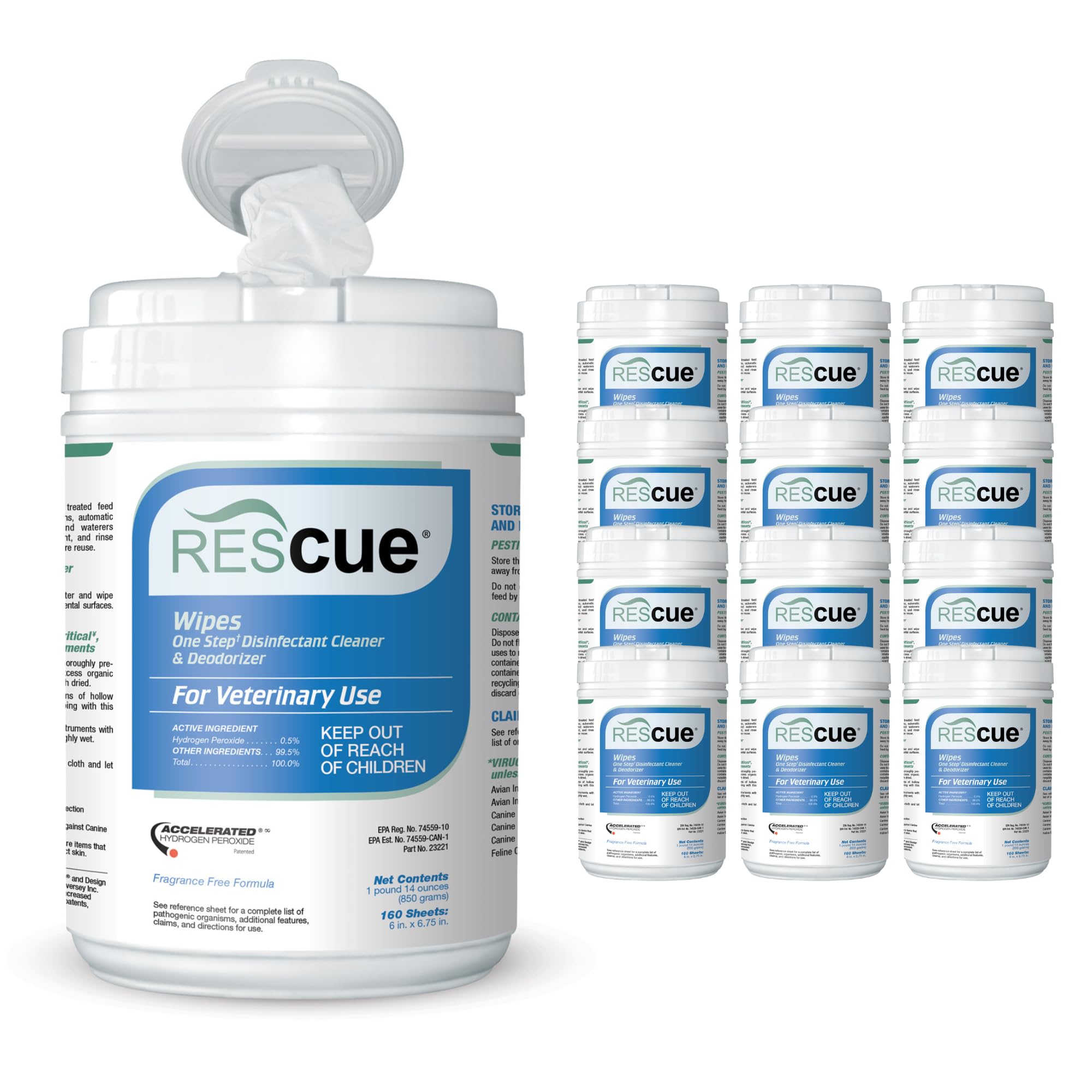 REScue One-Step Disinfectant Cleaner & Deodorizer Wipes - 160 Count (Pack of 12) | Veterinary Grade Sanitizing Wipes for Kennels, Litter Boxes, Pet Grooming & Vet Clinics | Kills Germs & Eliminates Odors | Safe for Pets & Surfaces