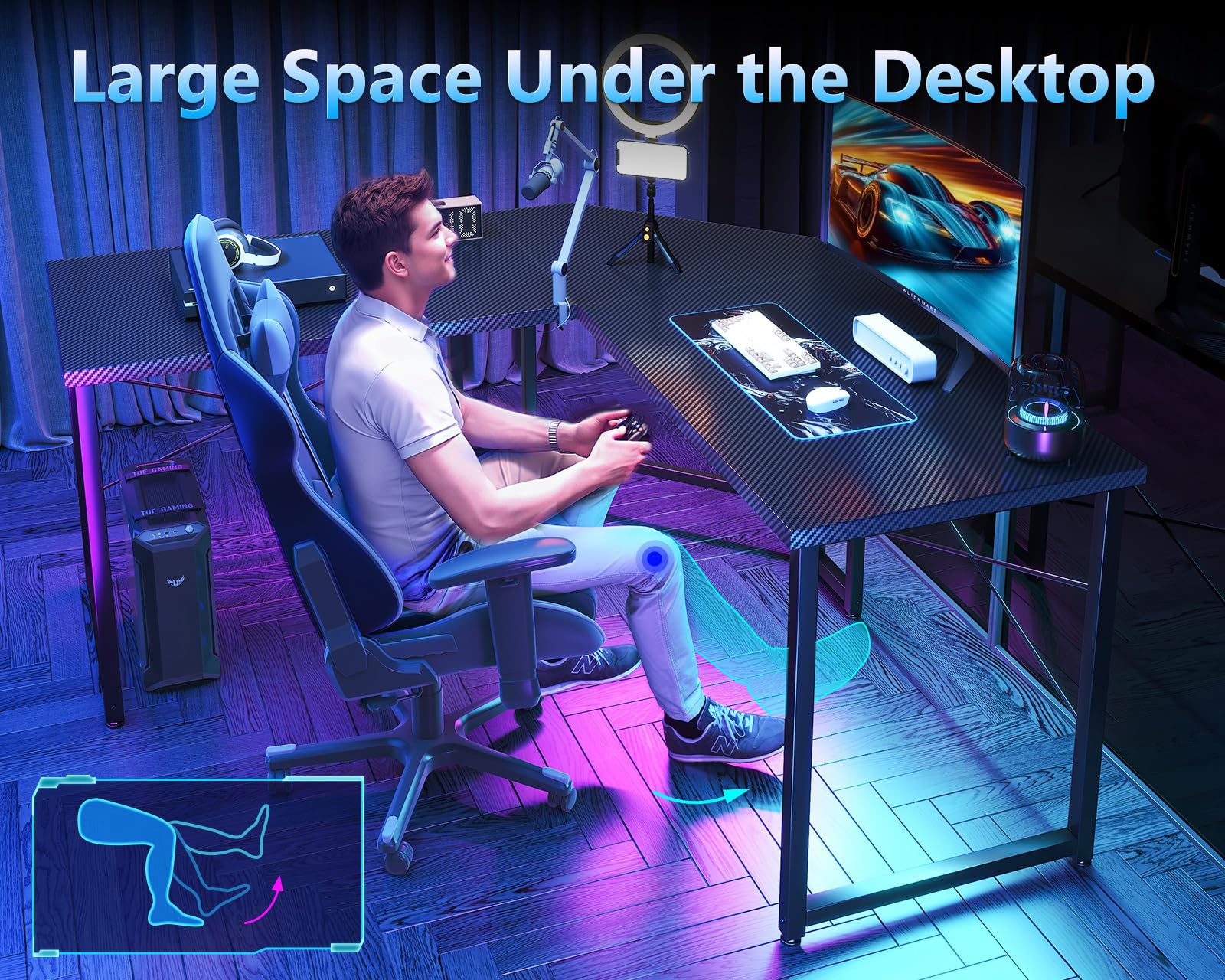ODK L-Shaped Gaming Desk with Monitor Stand - 51 x 19 Inch Black Corner Computer Desk for Home Office, Gaming & Workstation | Sturdy Writing Table for Small Spaces & PC Setup