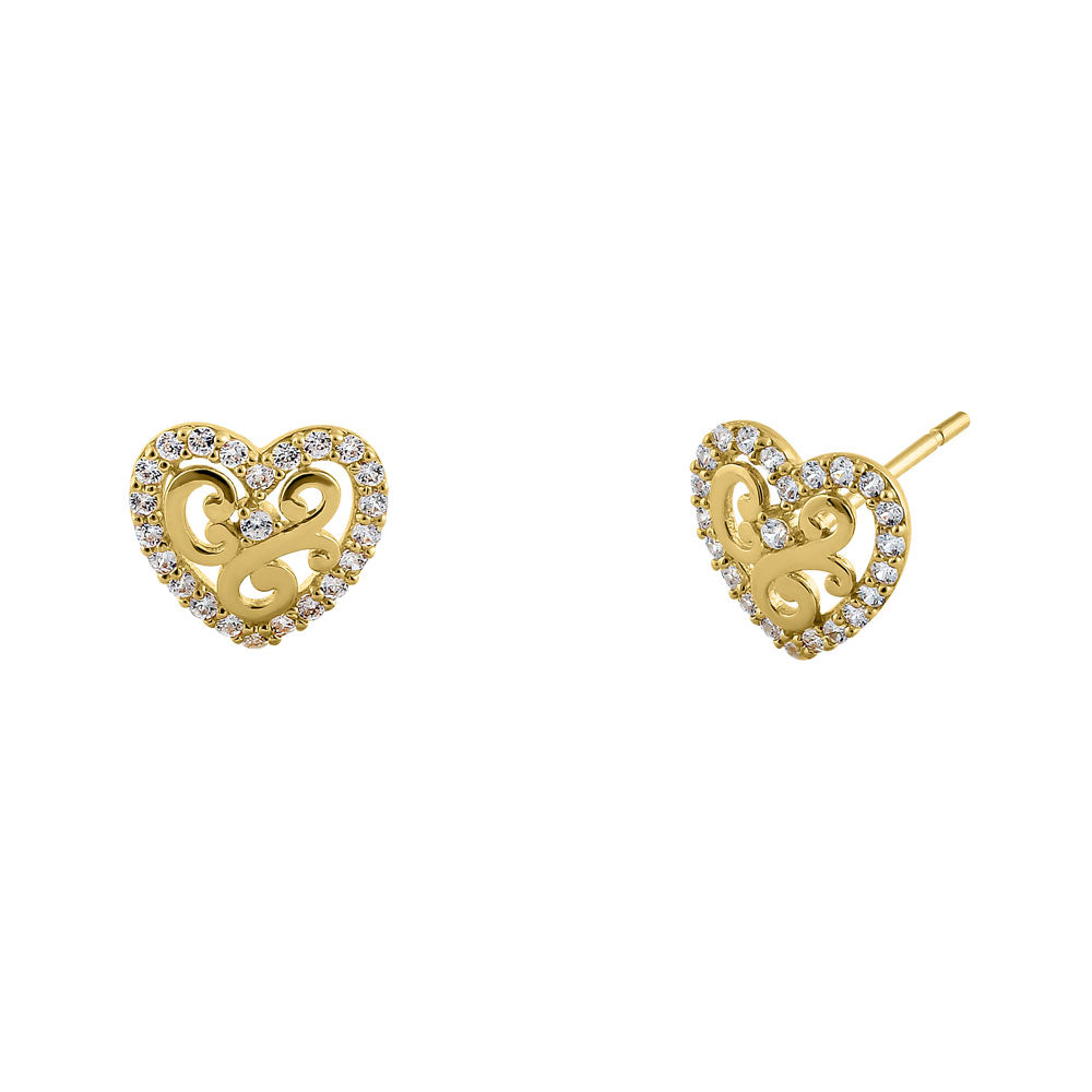 14K Solid Yellow Gold CZ Heart Stud Earrings for Women - Elegant Valentine's Day Gift, Anniversary Present & Everyday Jewelry