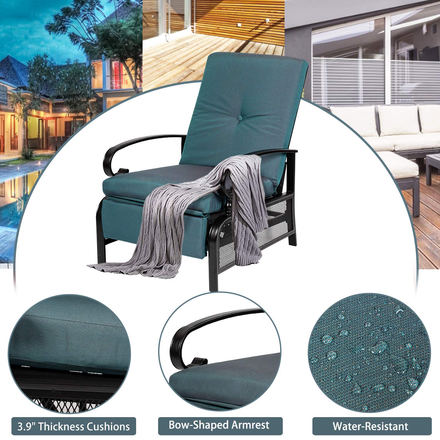 Incbruce Outdoor Lounge Chair - Adjustable Recliner Patio Furniture with Retractable Steel Frame & Removable Thick Cushions, Peacock Blue - Perfect for Poolside Relaxation, Backyard Lounging & Sunbathing